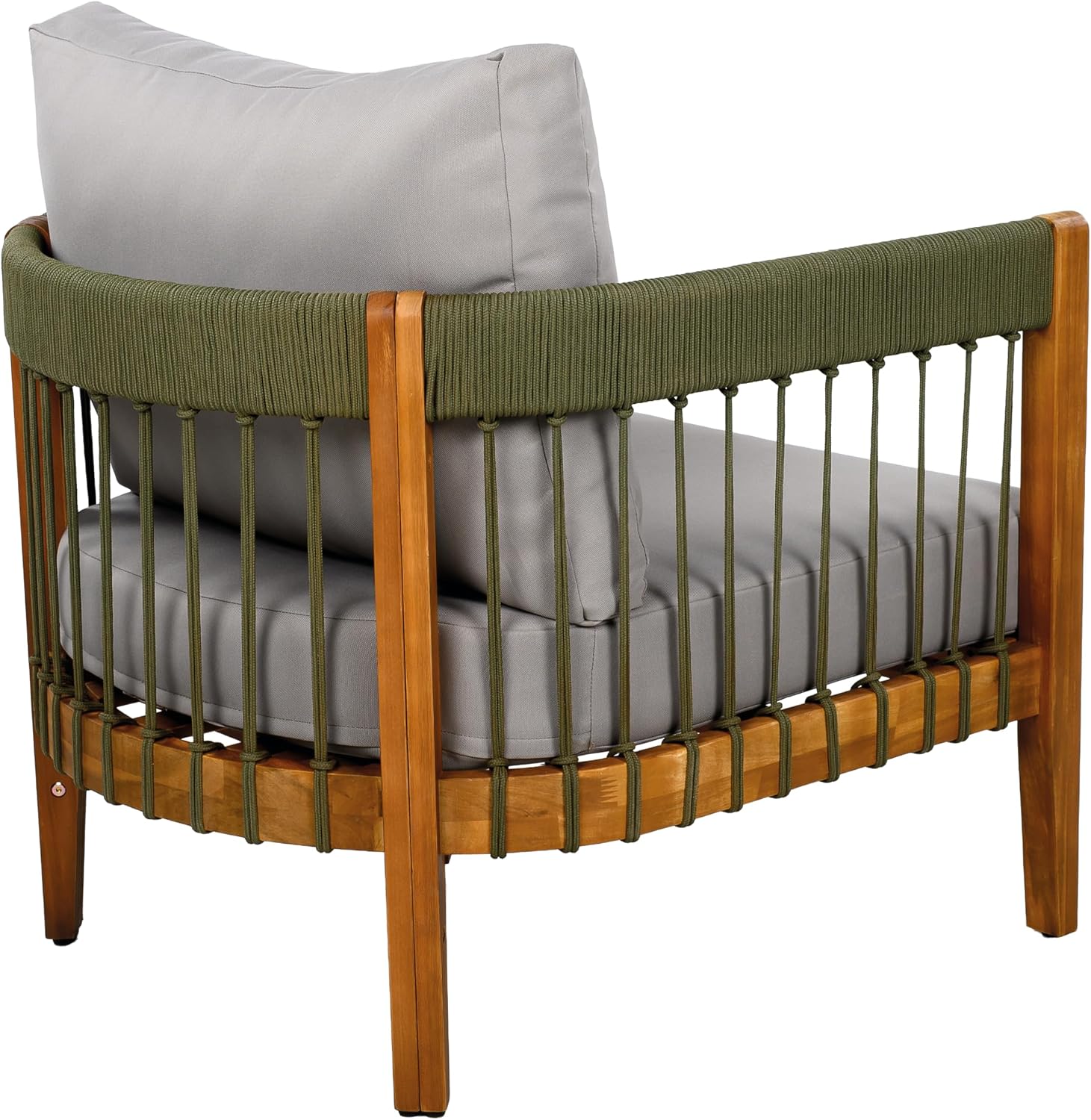 Christopher Knight Home Vinny Acacia Wood Club Chair, Outdoor Accent Chair, Handwoven Rope Armchair with Removable Cushions, Comfort Seating Single Reading Sofa for Garden Backyard Porch, Green+Gray