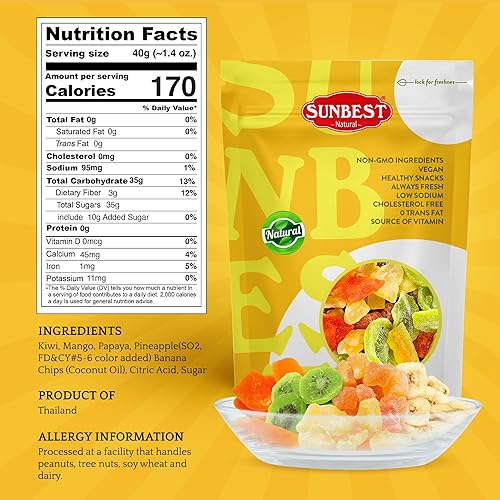 Miniatura 2 de Sunbest Natural - Mezcla de frutas secas tropicales, fruta de kiwi, fruta seca de mango, papaya seca, plátanos secos y frutas secas de piña, sin