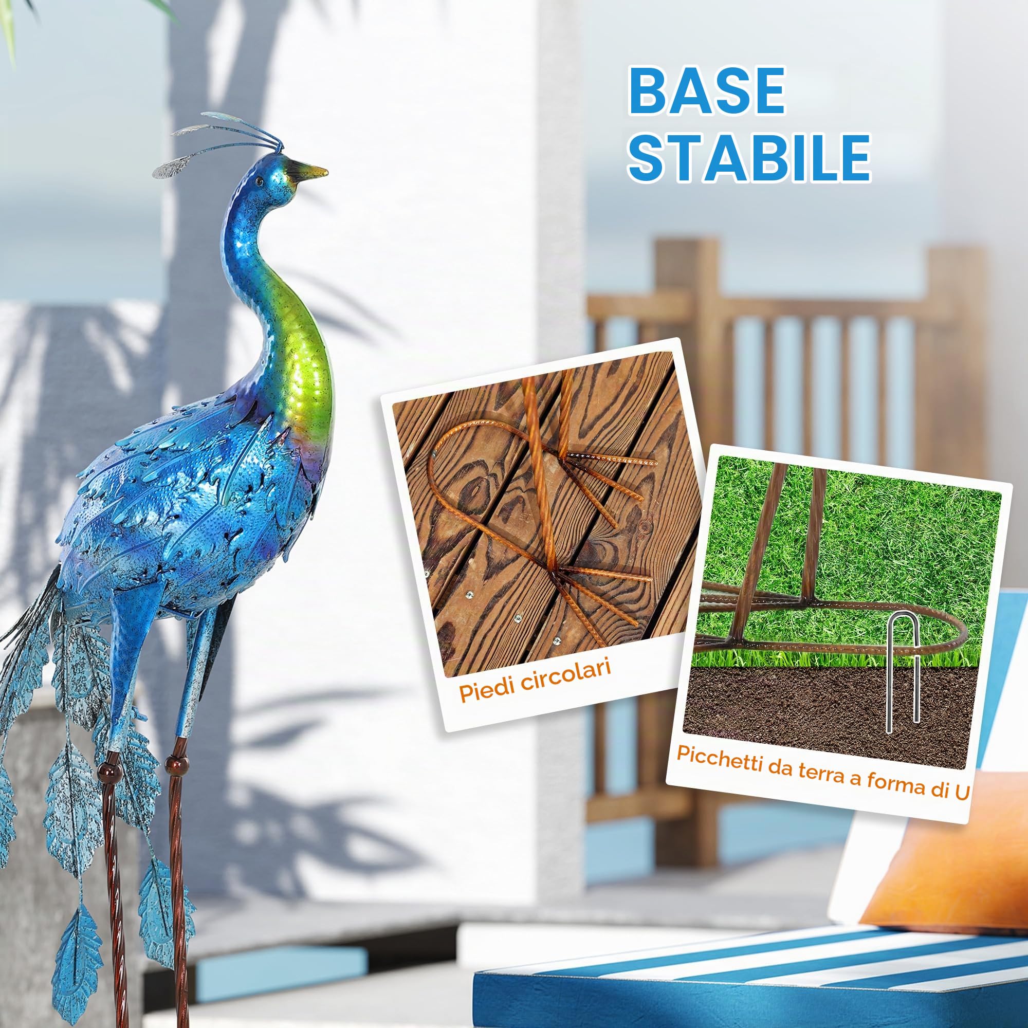Outsunny Pavone Statua Giardino 32.7" Ornamento Prato Blu Scuro | Acciaio Decorazione da Giardino Statua Uccello, con picchetti, Esterno Prato Patio Cortile