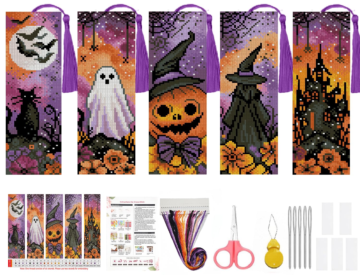 Paintcolor Halloween Counted Cross Stitch Bookmark Kit for Adults Beginners, Witch 14CT Pre-Printed DIY Stamped Bookmarks Embroidery Kit Handmade Supplies Full Accessory Crafts for Adults 8"x2.4"
