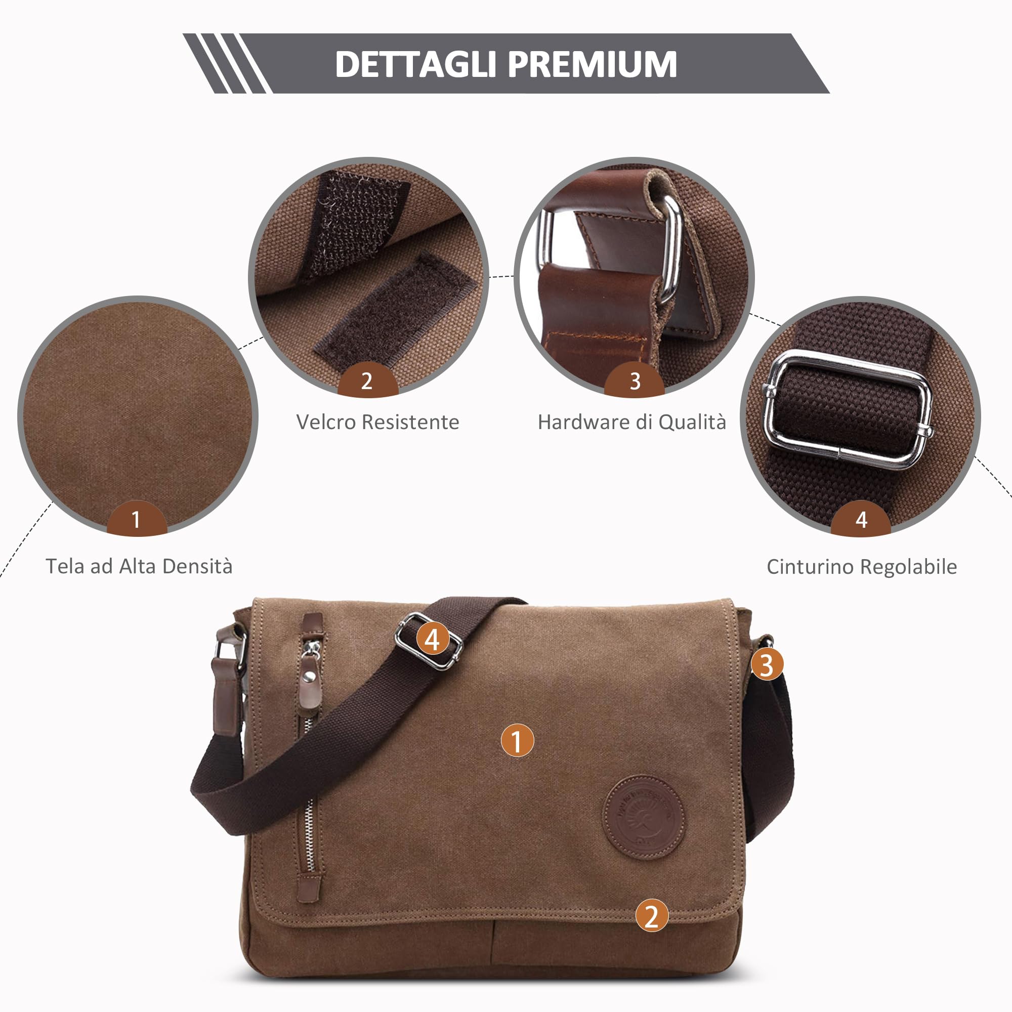 Uomo Borsa a Tracolla Moda Borse Messenger Ventiquattrore 14 pollici Laptop Messenger Bag Briefcase Viaggio Causale Lavoro Scuola Tela Borsa a Tracoll Marrone