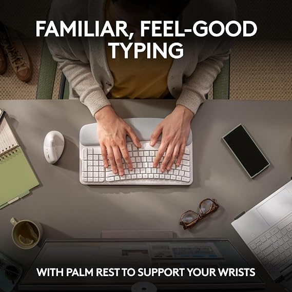 Logitech Wave Keys & Lift Vertical Mouse - Ergonomic Bundle Wireless Keyboard with Cushioned Palm Rest & Vertical Wireless Mouse - Easy-Switch, Bluetooth, for Multi-OS, Windows/Mac - Off White