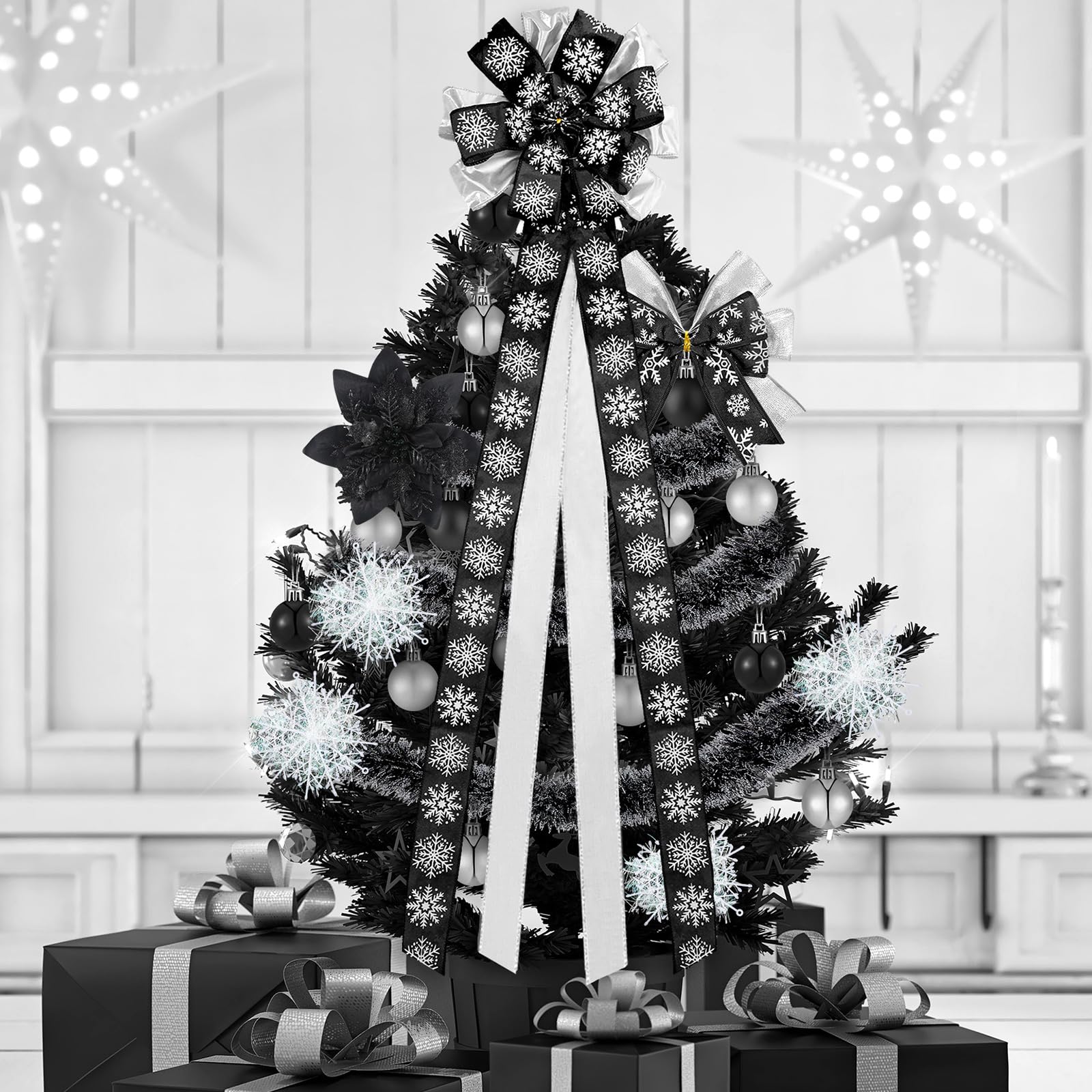 Liliful 63 Pcs Black Christmas Decorations Set Including Large Bow Christmas Tree Topper Glitter Bow Knots Black Poinsettia Flowers Metallic Tinsel Garland Balls Ornament White Snowflake Decorations