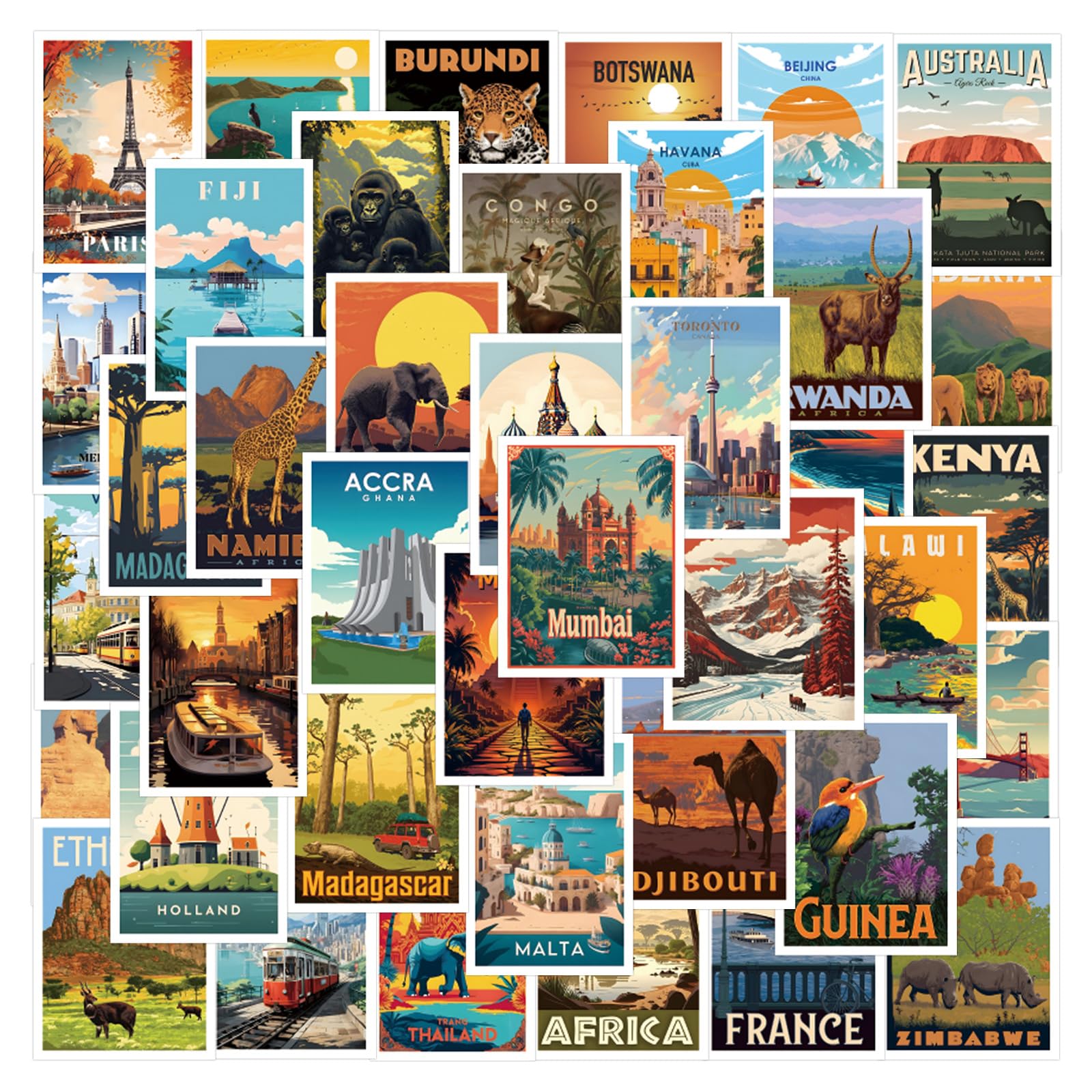 Kaensc Multicolor 60Pcs World Postcard Stickers For Teens Adults Kids,World Landmark Postcards Waterproof Sticker For Laptop Skateboard Scrapbook Guitar Bicycle Luggage Helmet Computer Bumper Diy Crafts
