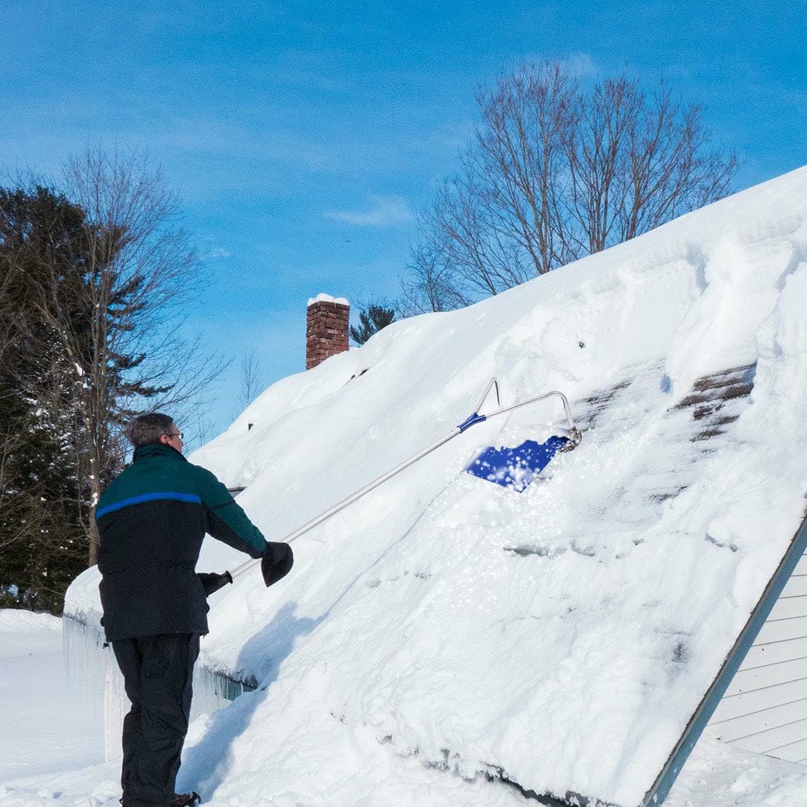 Rastrillo de techo para quitar nieve y escombros, herramienta de doble acción para nieve ligera y hojas de otoño, uso multitemporada