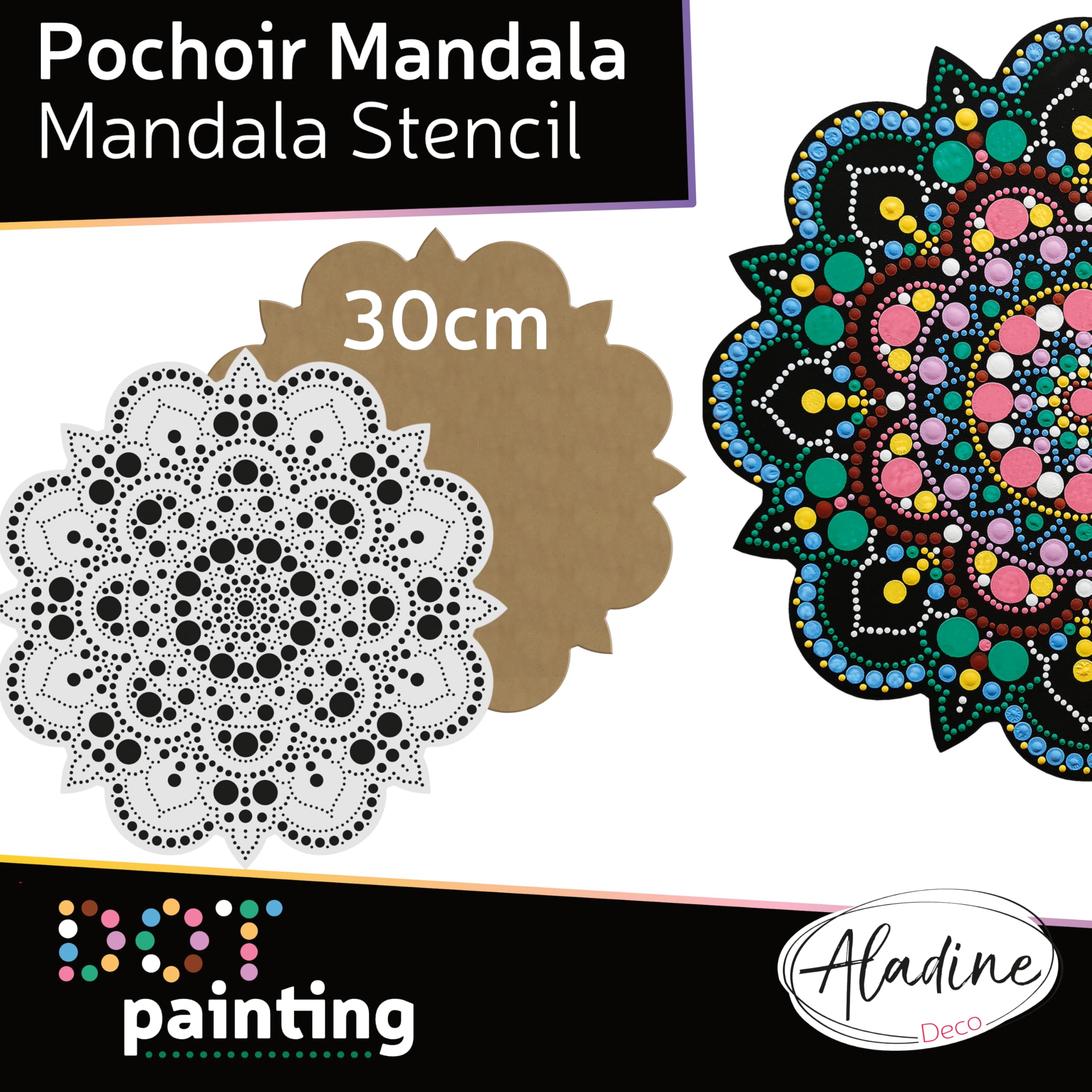 Aladine 85505 - Kit de plantilla y soporte Mandala de 30 cm para crear Mandalas de punto Painting – Pintura sobre guijarro, madera, tejidos, lienzos – Dotting Paint Points – Ocio creativo
