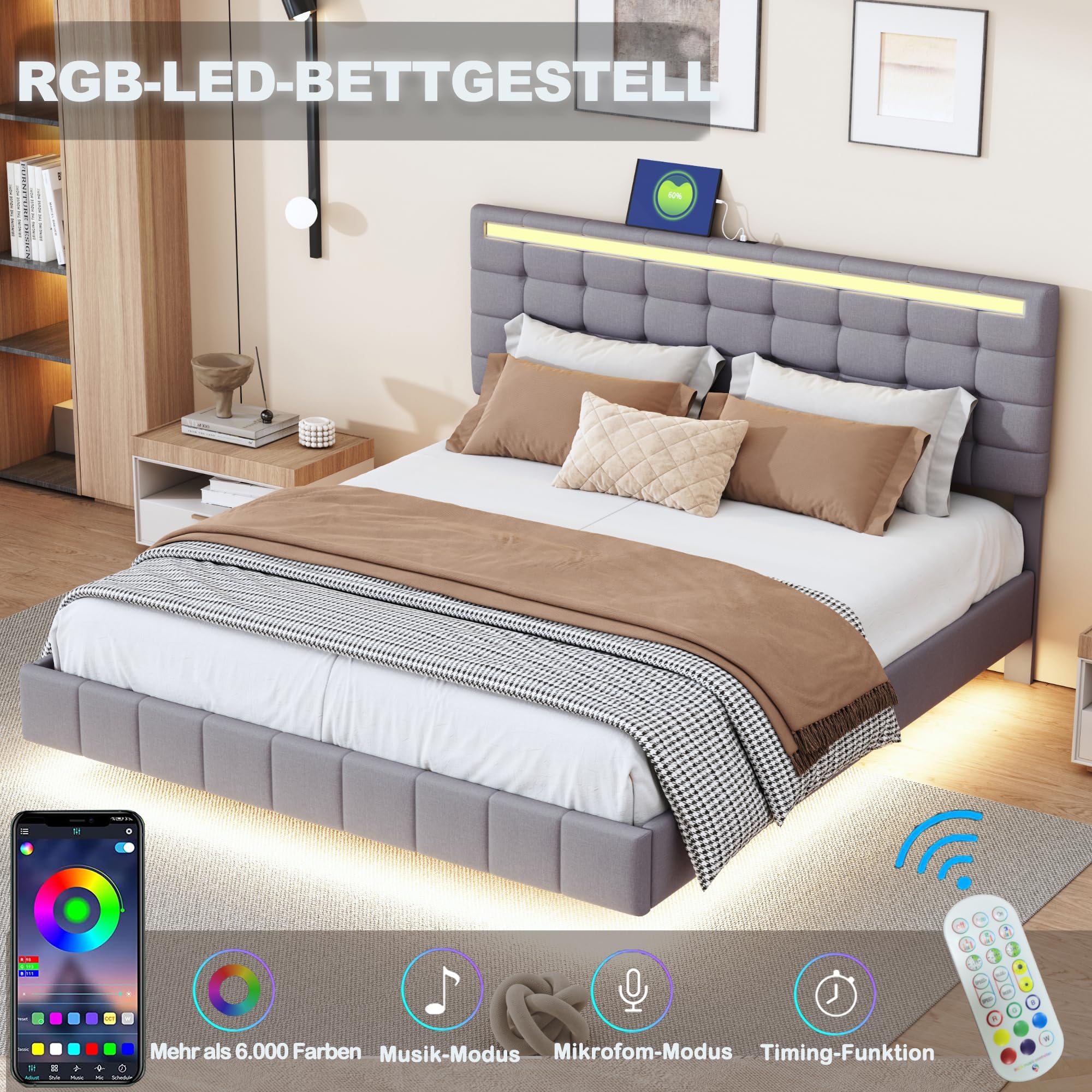 Fluwelen gestoffeerd bed, 160 x 200 cm, met lattenbodem en hoofdeinde, grijs, modern design, eenvoudige montage, voor volwassenen en jongeren