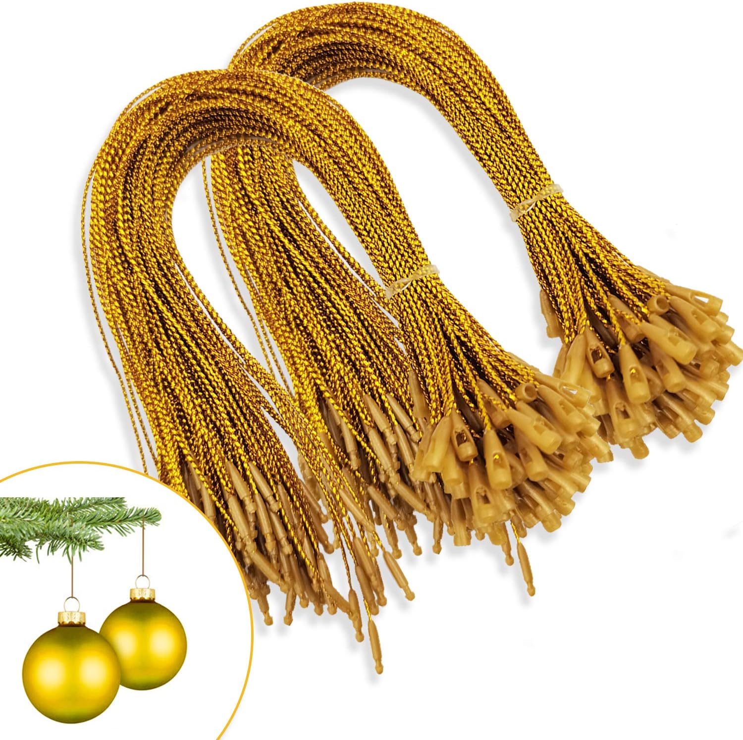 200pcs Christmas Ornaments String Hanger Gold Precut Ribbon Hook for
