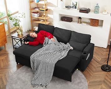 DURASPACE L Shaped Sofa Corner Sofa Bed Convertible Couch Sleeper With Storage,2 USB, Cup Holder,Pull out Sectional Couches For Living Room (Dark Grey)