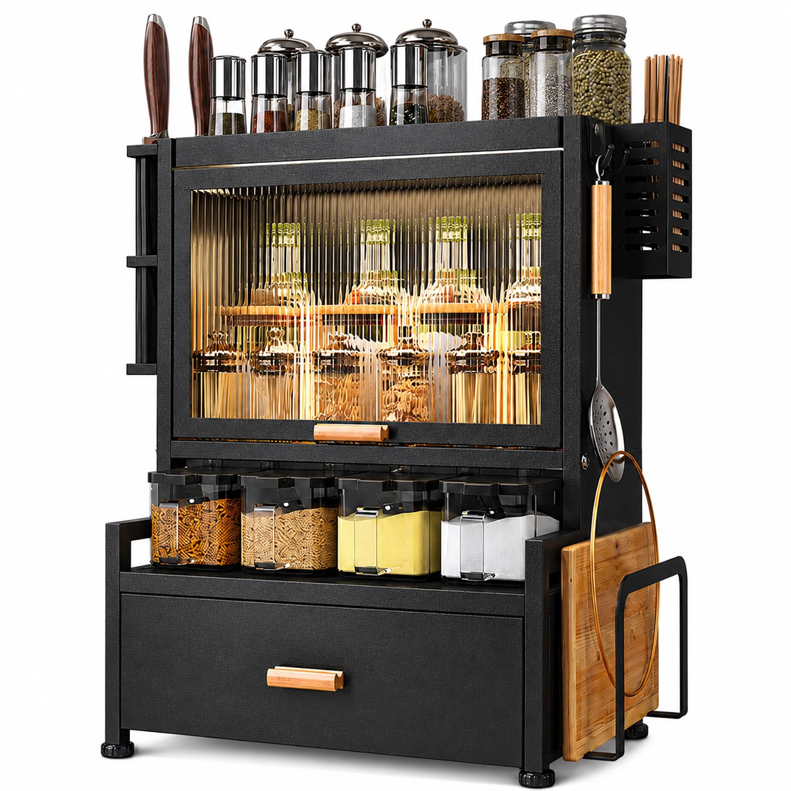 Étagère à Épices Coulissante, Meuble de Cuisine pour Plan de Travail Black-2-Tier