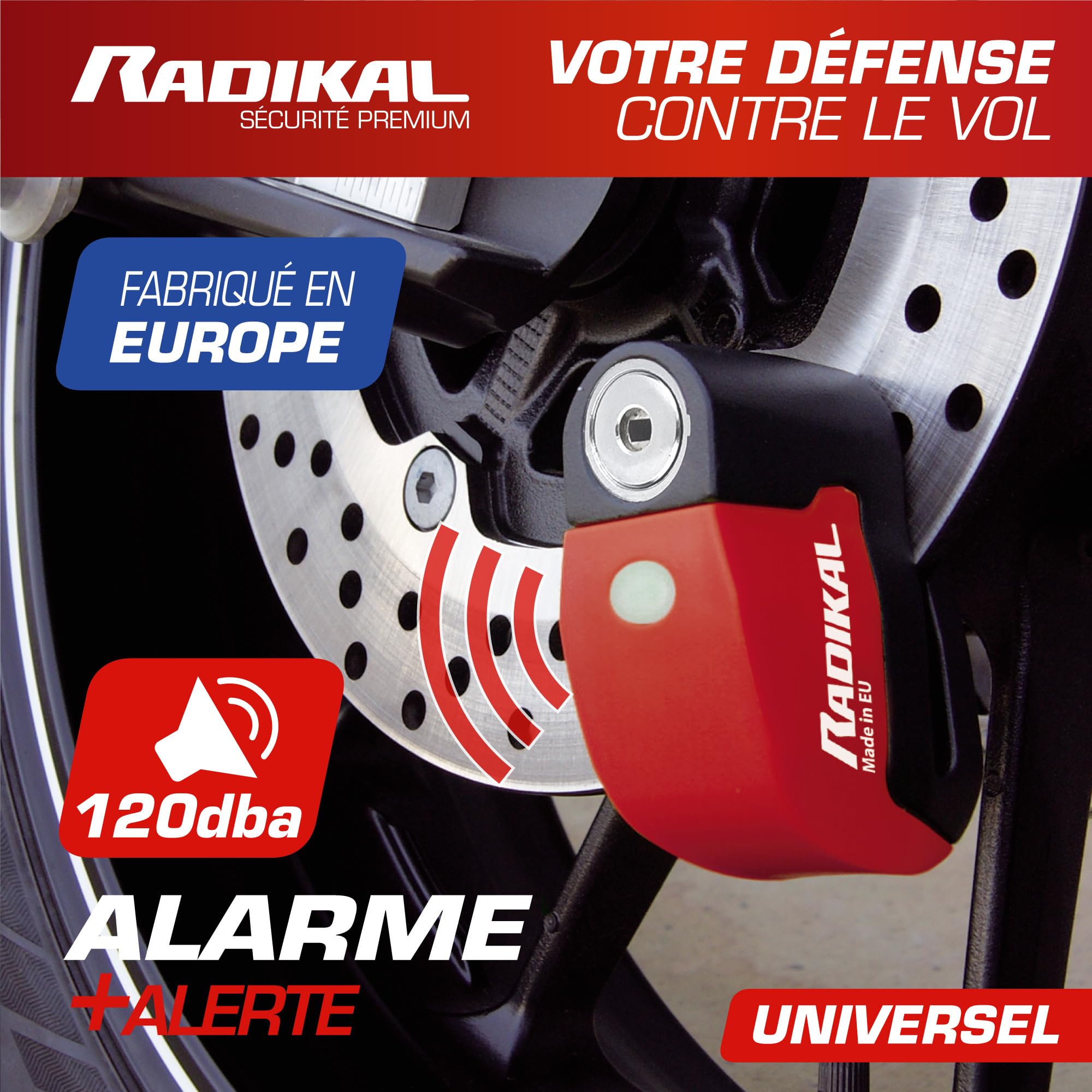RADIKAL RK6 Bloque Disque Moto Premium avec Alarme 120db, Bouton ON, Avertisseur, Module Remplaçable Imperméable, Pile Longue Durée, Bloc Frein Roue Universel Scooter Moto Velo Trottinette Electrique