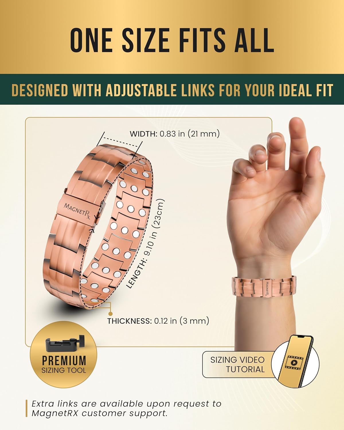 MagnetRX® 3X Strength Copper Bracelet – 99.9% Pure Copper Bracelets for Men with Magnets – Premium Fold-Over Clasp and Adjustable Bracelet Length with Included Sizing Tool (Legacy) - Image 6