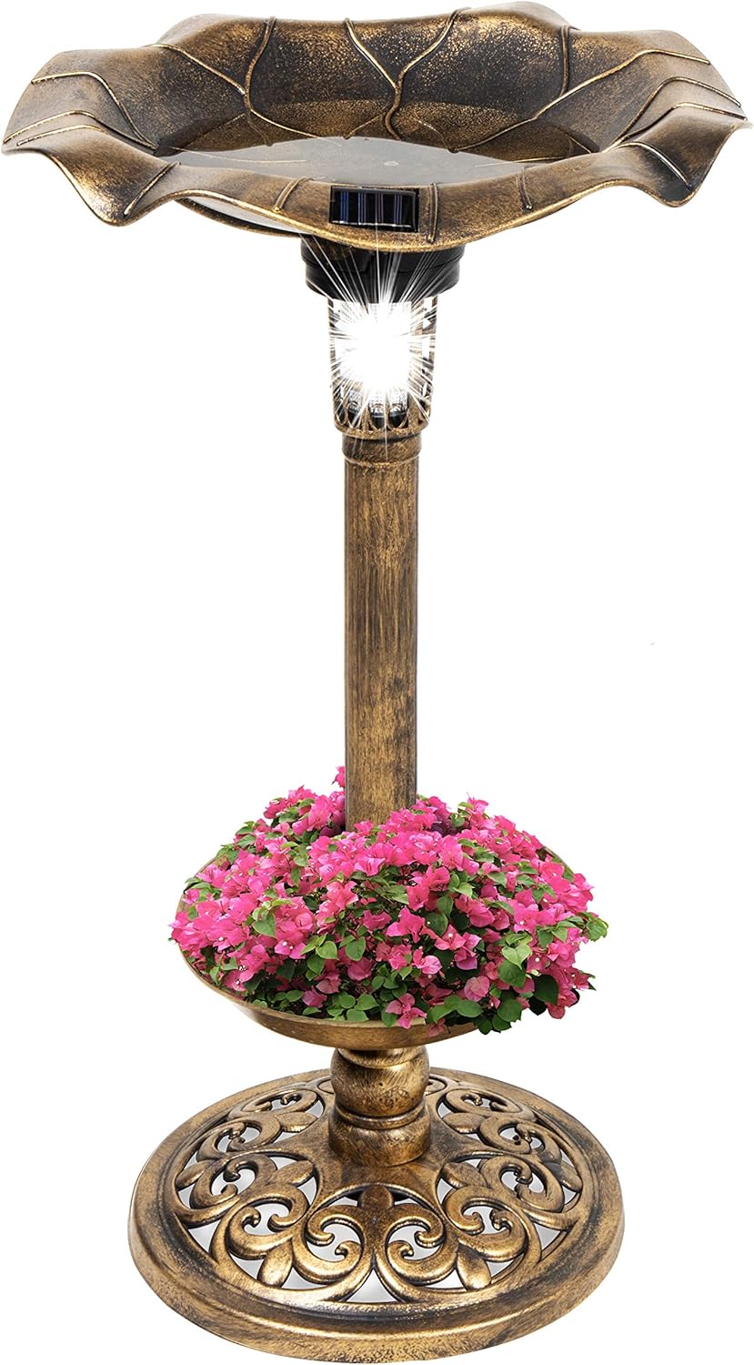 Best Choice Products Outdoor Solar Lighted Pedestal Bird Bath Fountain Decoration w/Planter, Integrated Panel, Scroll Accents for Lawn, Garden - Bronze : Everything Else
