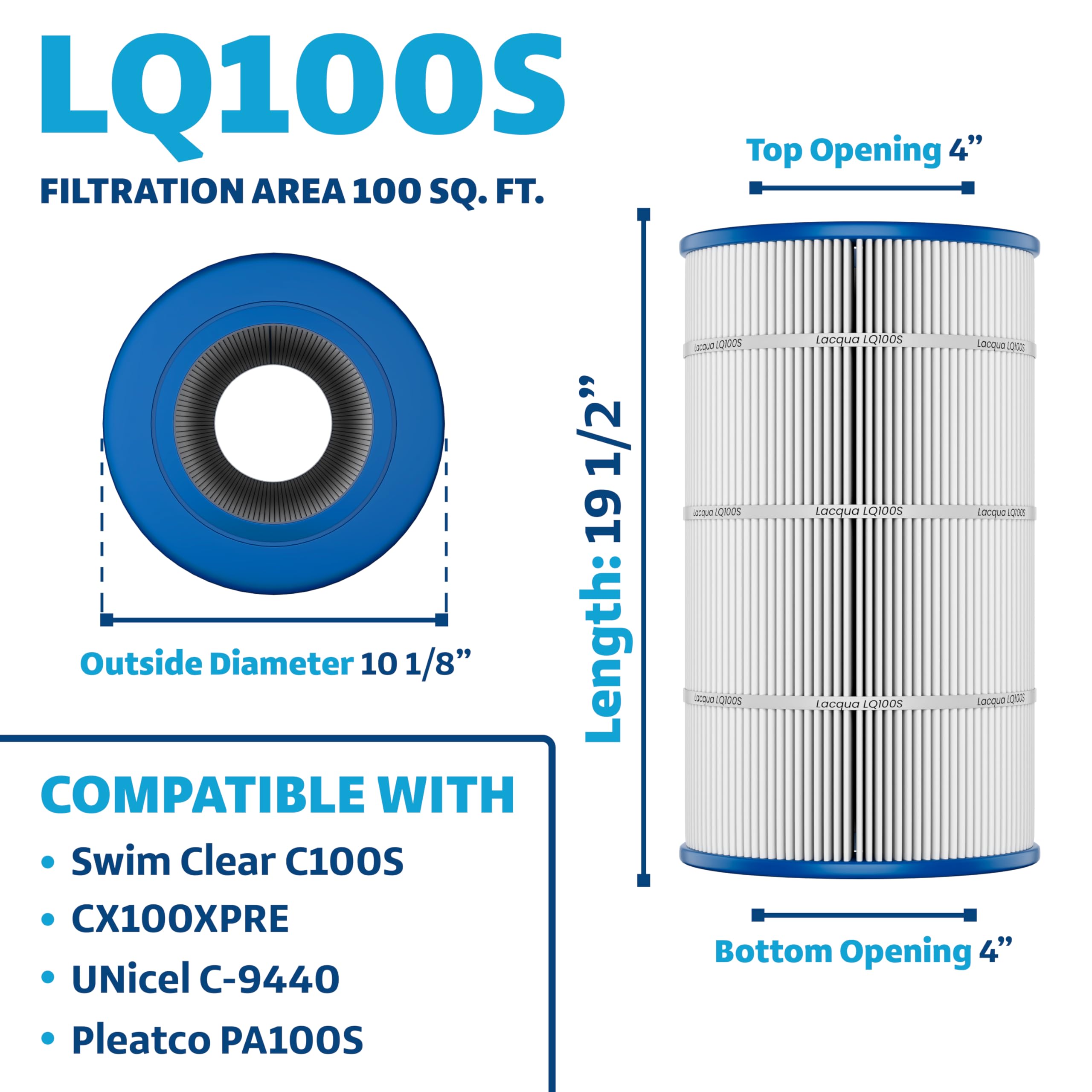 LACQUA Pool Filter Cartridge LQ100S 100SqF for SwimClear Hayward C100S, CX100XRE, Unicel C-9440, Pleatco PA100S, Ultral-D3, D3-M. Hose Nozzle Included