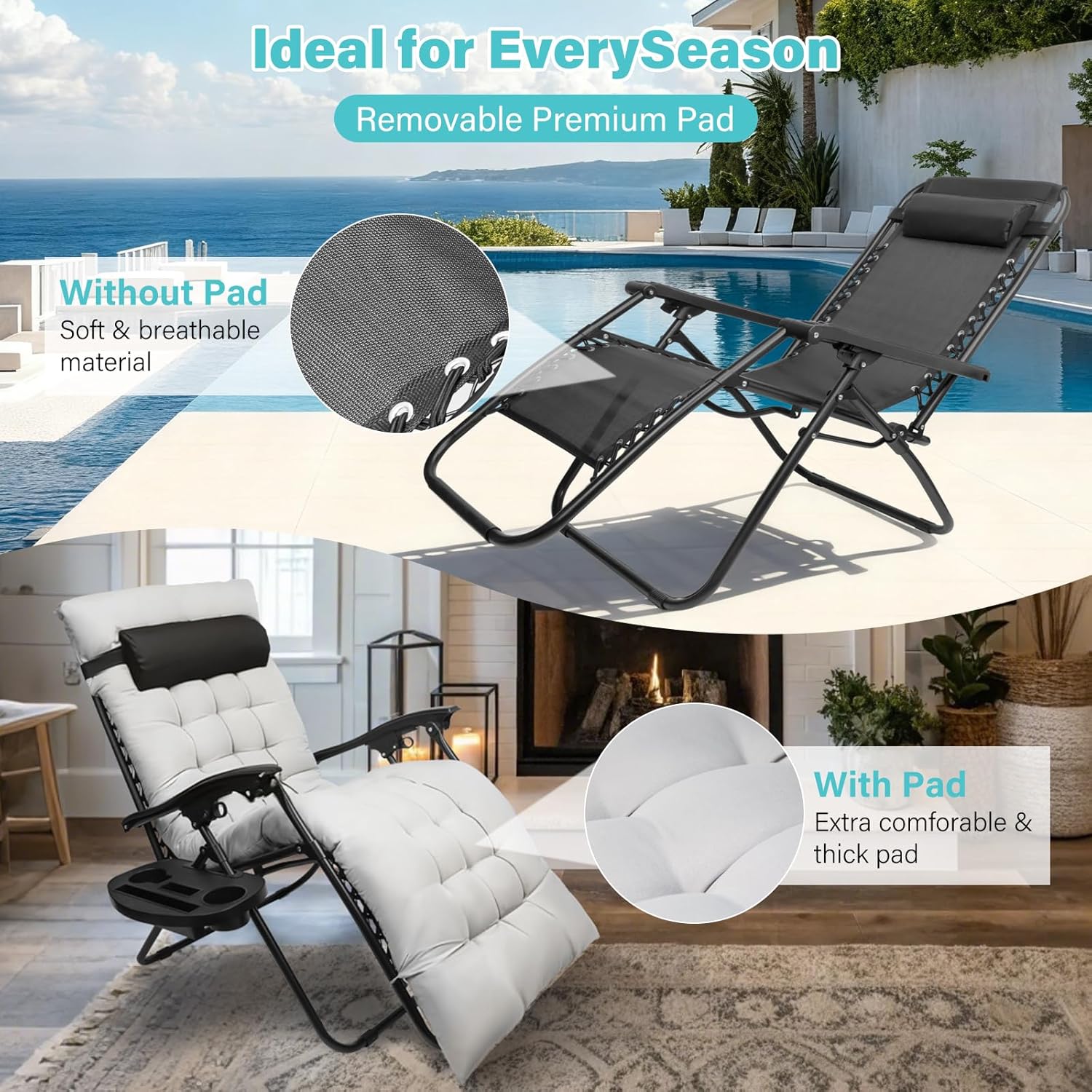 SZHLUX Oversized Zero Gravity Chair,29In XL Lounge Chair w/Removable Cushion&Headrest, Reclining Camping Chair