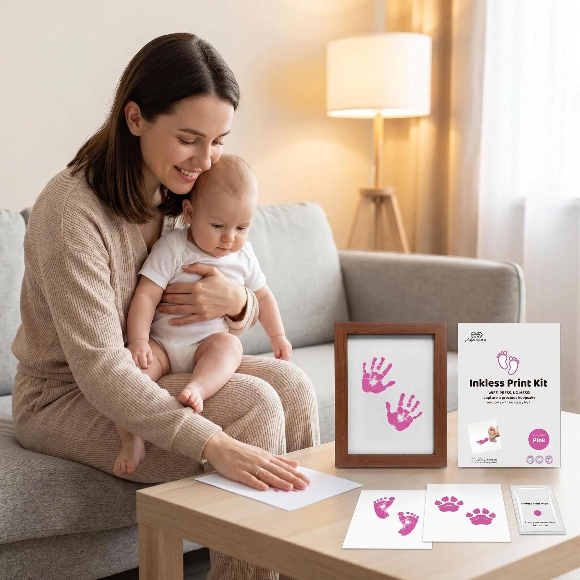 Kit Empreinte Bébé Pieds et Mains Clean Touch Encreur Sans Kits Nouveau-Nés avec 1 Cadre Photo Rose