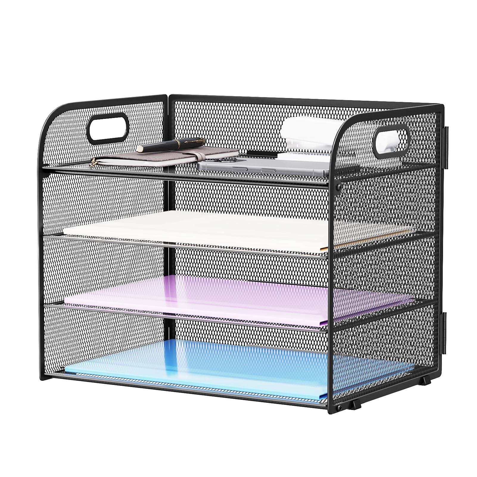 Marbrasse Vassoi da Scrivania,Porta Documenti Organizer Ufficio 4 Livelli con Maniglia, Vassoio in Rete per Portaoggetti Scrivania, Ufficio, Casa, Archivio A4, Archiviazione Accessori(Nero)