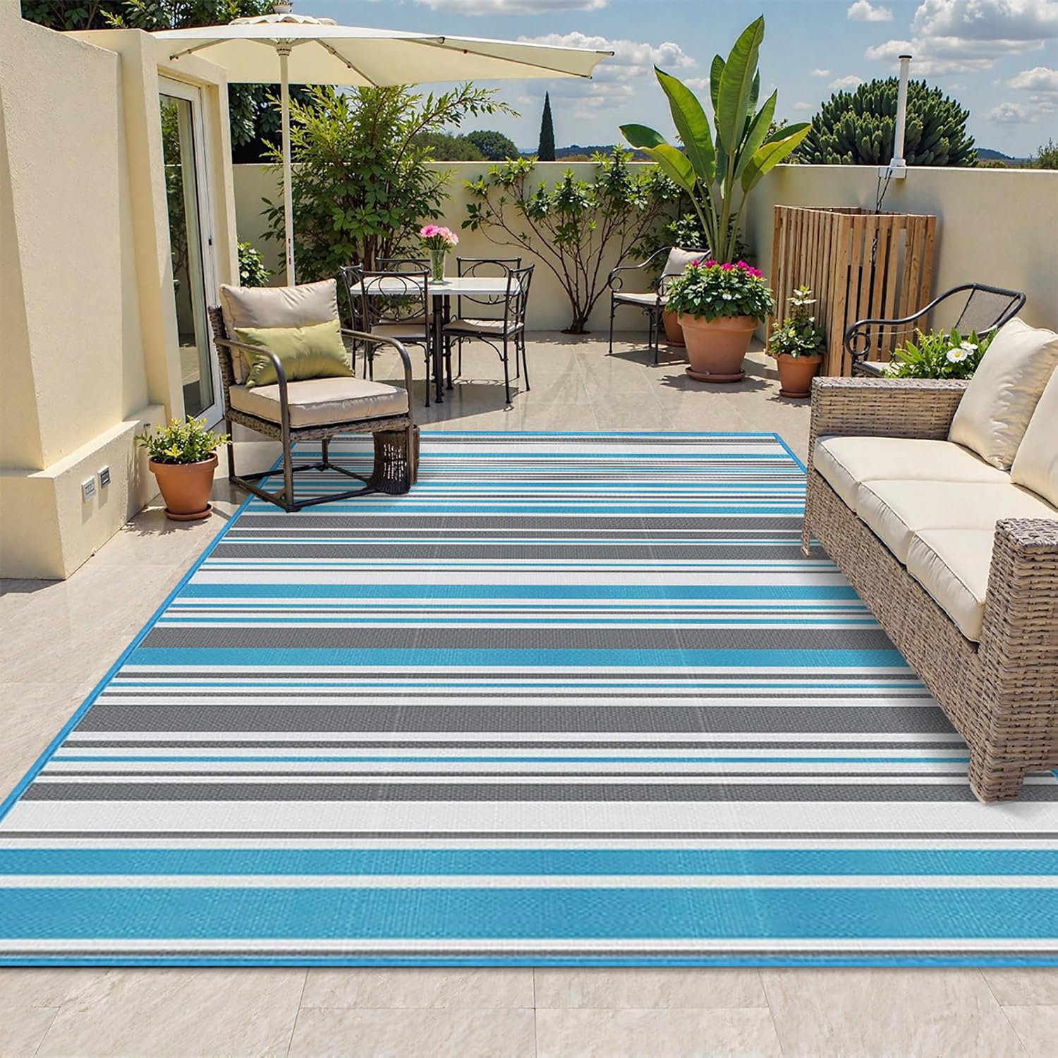 Balkonteppich Wasserfest Outdoor Flach Gewebt Gestreift Kunststoffteppich,Recycelter Premium UV-Beständig Camping Teppich Outdoor Reversible Matte für Garten Picknick Terrassenteppich,150x240cm