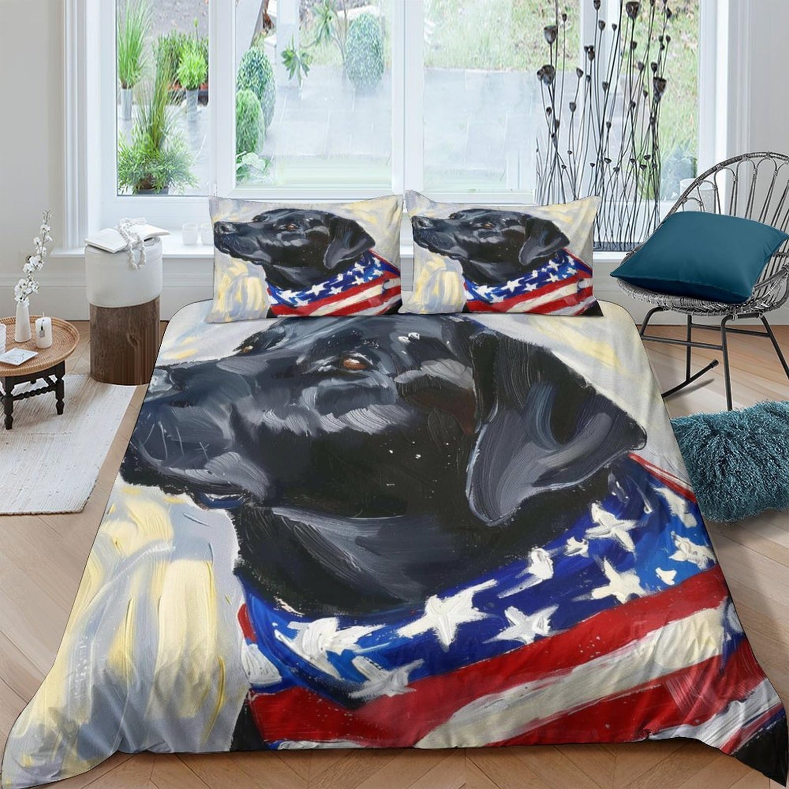 Ctjqhvkz Style-8 3D Printed Black Labrador Fitted Sheet Microfiber Soft American Flag Bed Cover For Bedroom Guest Room Decor Single（135X200cm）