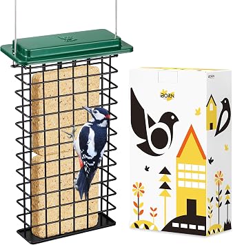 iBorn Metal Double Suet Feeder,Durable Suet Cake Cage Bird Feeder for Outdoors Hanging,Metal Roof Bird Feeder with Taller Grid for Woodpeckers,Large Suet Holder,Easy Clean & Refill,1 Pack,Green