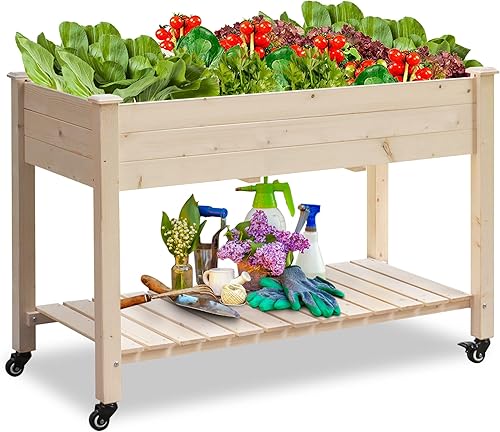 LYNSLIM - Maceta elevada de madera de 2 niveles para jardín, para plantar y cultivar verdura, marco de madera de cedro natural, fácil de montar