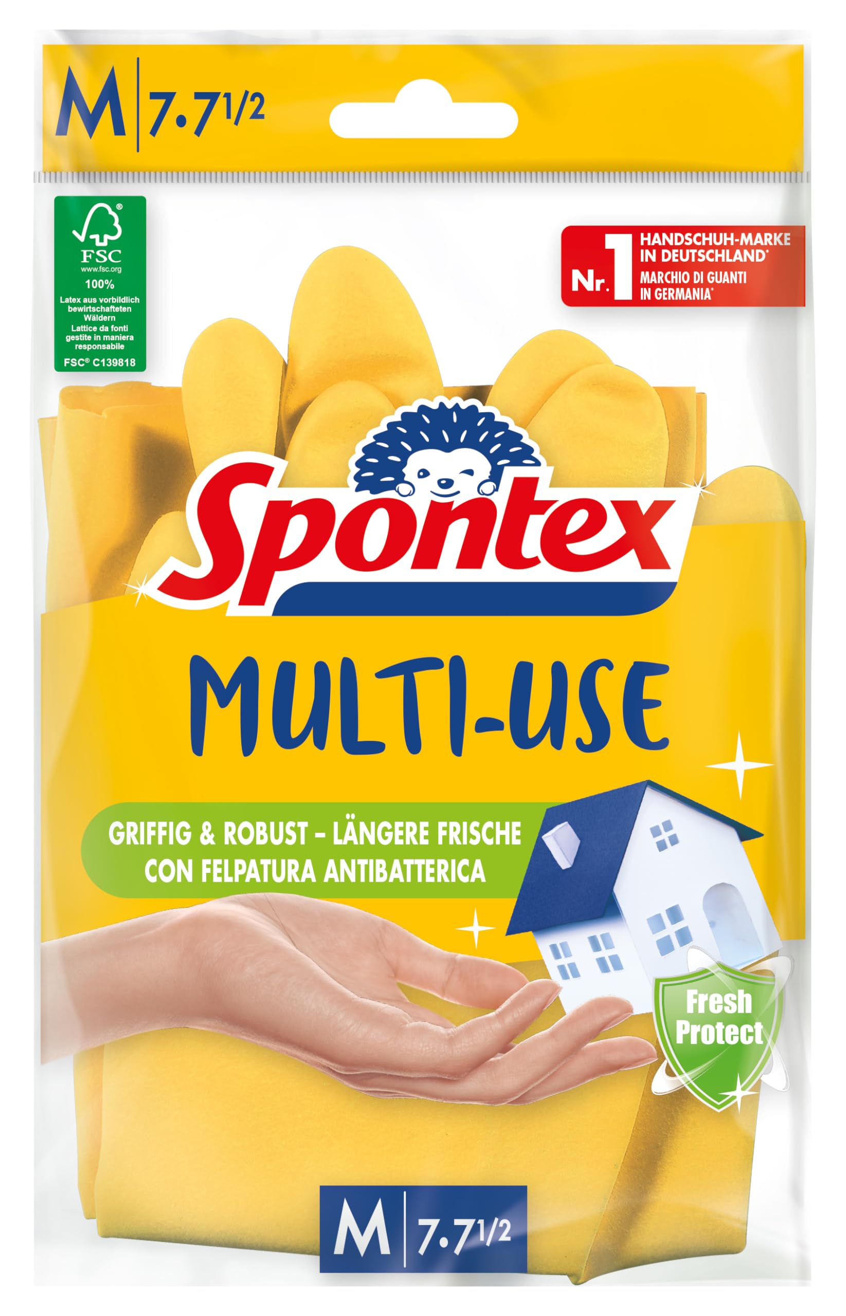Spontex Multi Use, 12 paires de gants de ménage avec protection fraîcheur et latex naturel FSC, intérieur avec flocage en coton, taille M (12 x 1 paire)