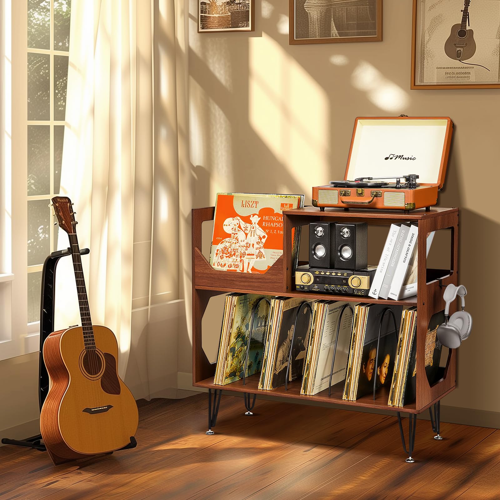 Großer Plattenständer mit Aufbewahrung,Plattenspieler-Ständer mit Ablage,Vinylplatten-Halterung mit Präsentationsfläche,Plattenständer für bis zu 370 Alben, Plattenregal für Musikzimmer und Wohnzimmer