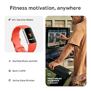 Fitbit Charge 6 Fitness Tracker with Google apps, Heart Rate on Exercise Equipment, 6-Months Premium Membership Included, GPS, Health Tools and More, Gold/Coral, One Size (S & L Bands Included)