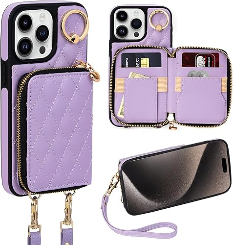 Miniatura 40 de Keallce Funda para iPhone 15 Pro Max de 6.7'' Funda Cartera, Bolso Bandolera con Cremallera Monedero Pulsera para Mujeres, Portadores de Tarjetas