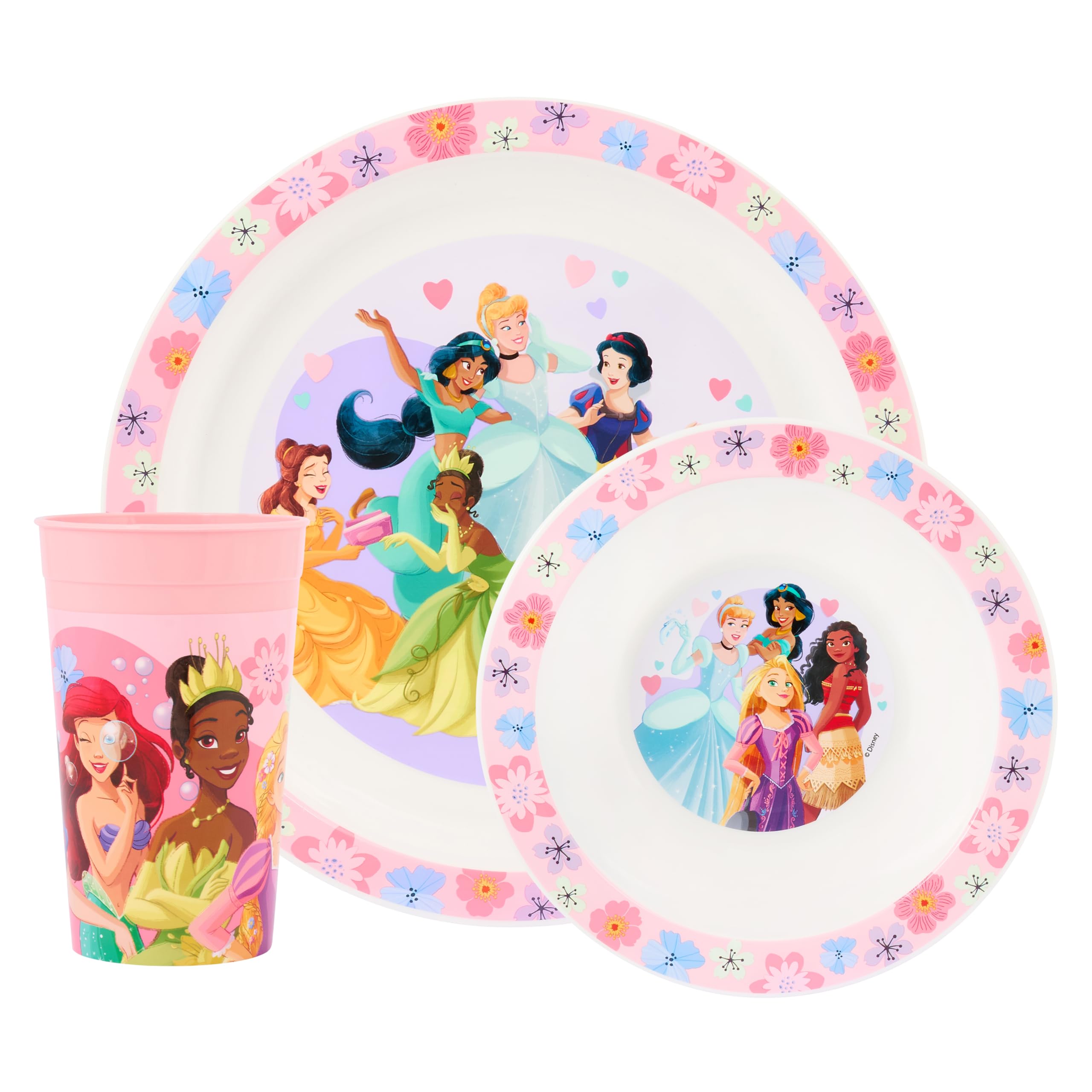 Disney Princess 3-Piece Polypropylene Children's Dinner Set – Plate, Bowl, and Tumbler Featuring Belle, Cinderella, Snow White, and Moana – Microwave and Dishwasher Safe – Suitable for Ages 36+ Months