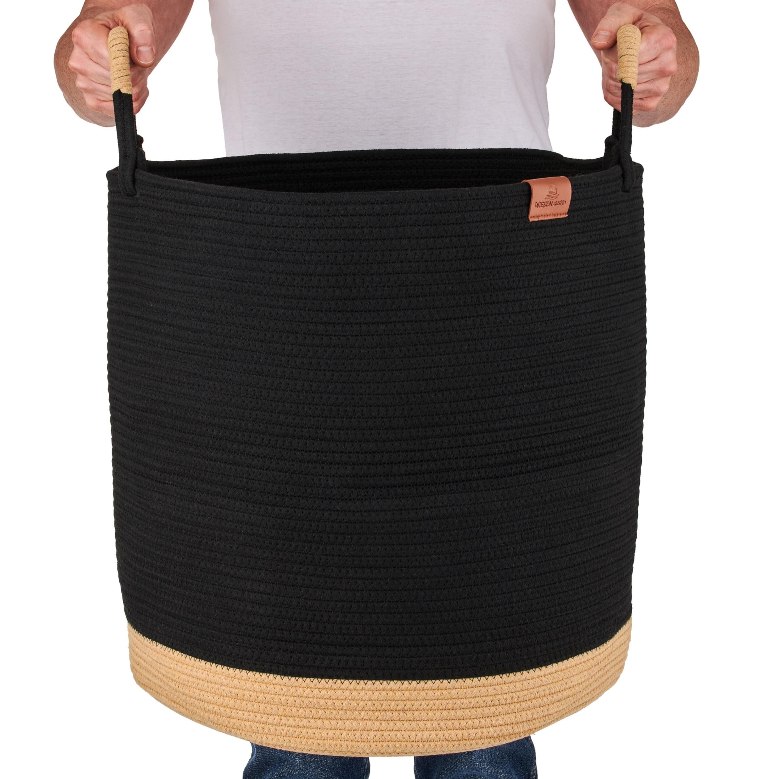 Großer Wäschekorb geflochten - Juna 80L Ø46x48 cm Schwarz - runder Aufbewahrungskorb aus 100% Baumwollseil, Aufbewahrungskorb geflochten, Wäschekorb Stoff