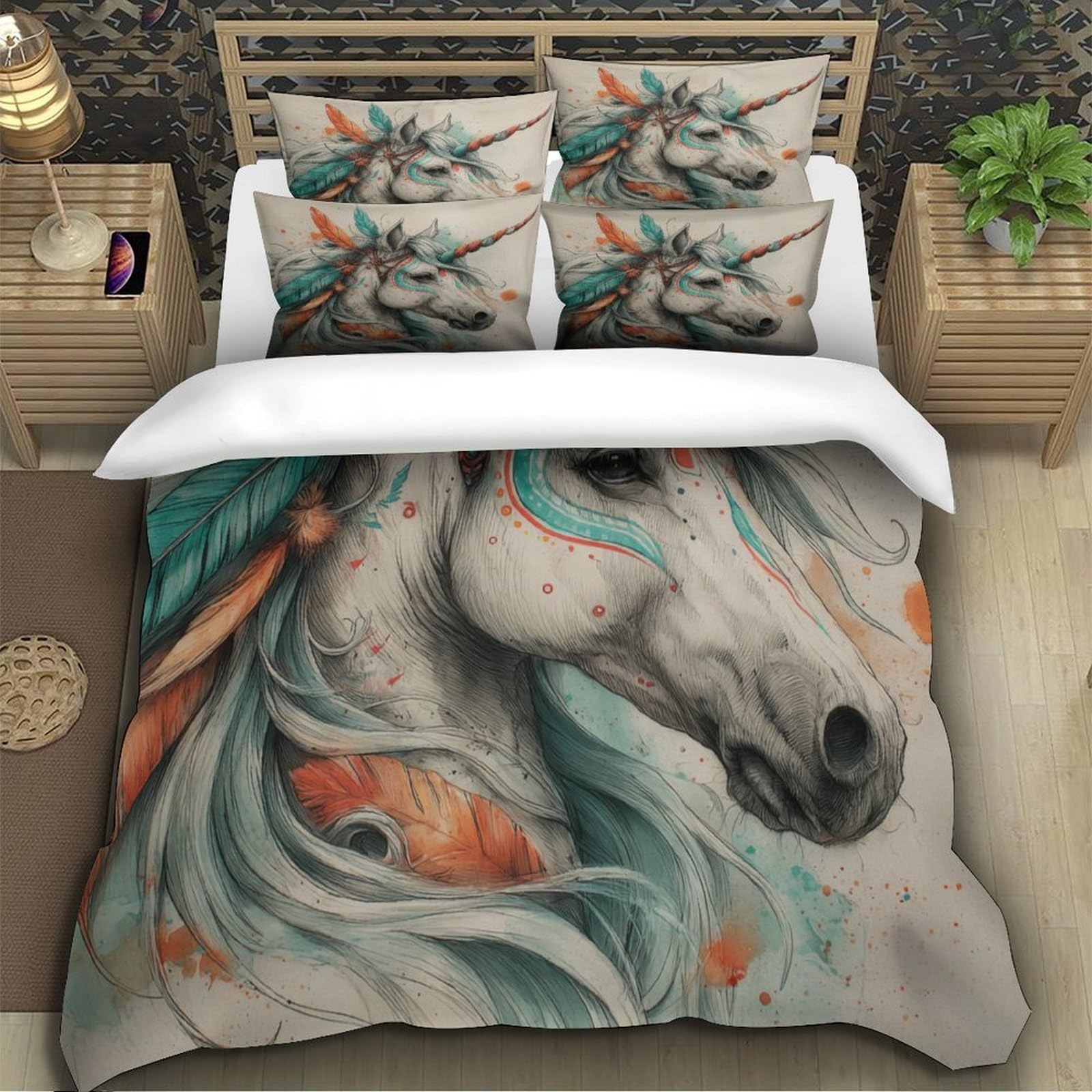 Set Biancheria da Letto Unicorno Fantasia Stampa 3D Copripiumino Microfibra Decorazione Camera Unicorno Morbido Traspirante Idea Regalo Super king（260x220cm）