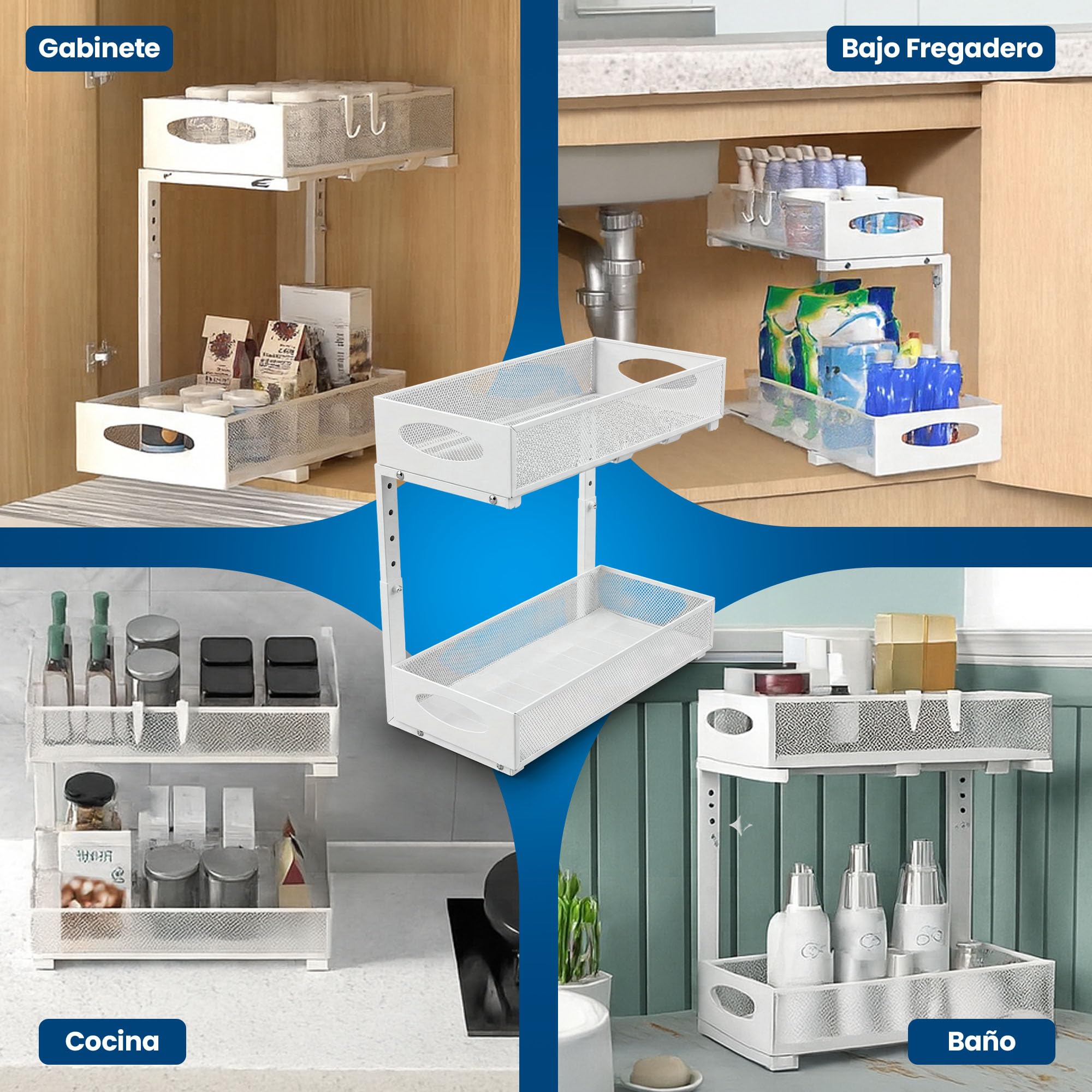 MARFRAND Organizador Bajo Fregadero. Organizador Armario Cocina. Bandeja Extraible Armario. Con accesorios anti vuelco. Incluye Colgador para Esponja de Cocina para Fregadero. - 5