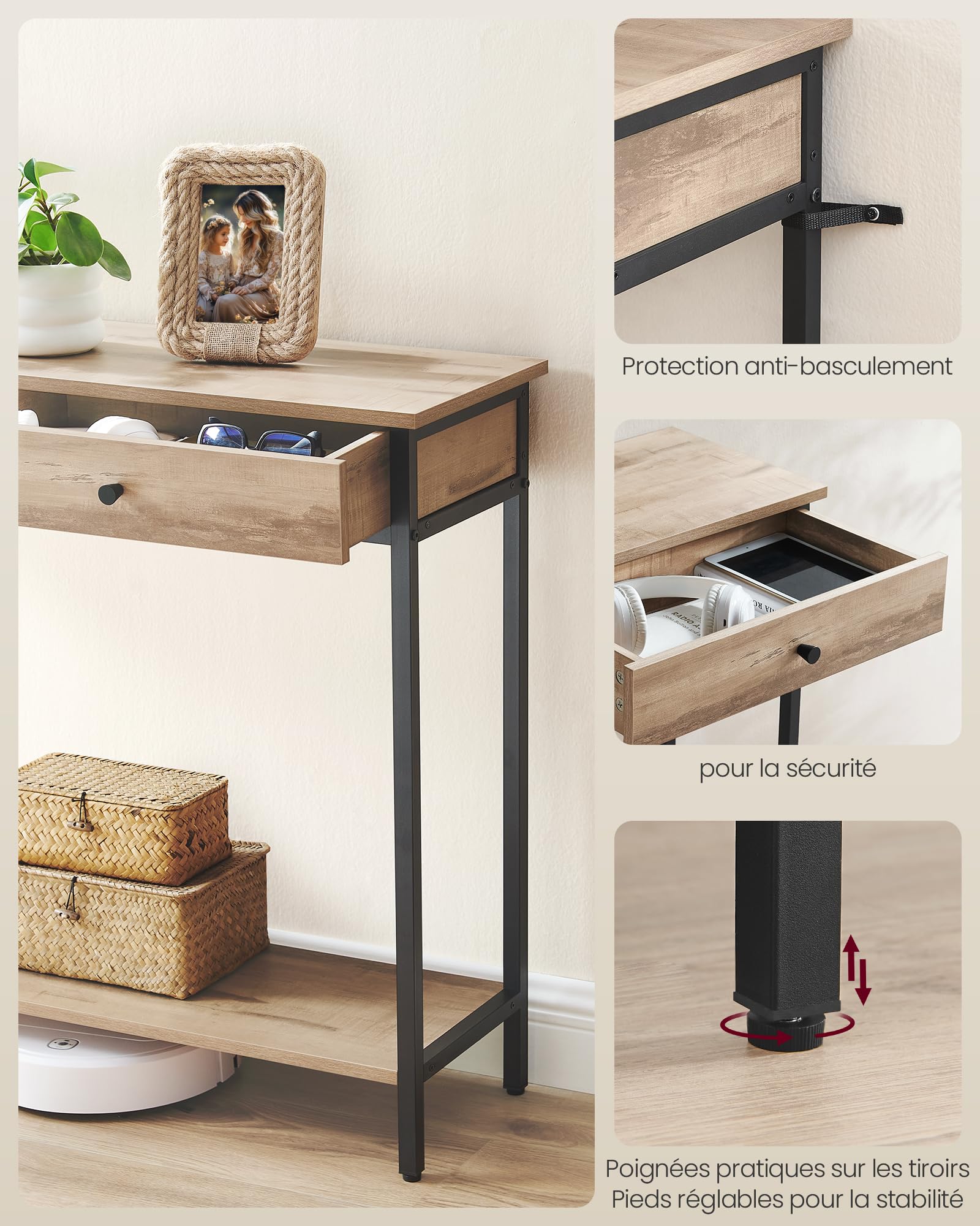 VASAGLE Table Console, Table d'Entrée, Bout de Canapé, avec 2 Tiroirs, Cadre en Acier, pour Entrée, Chambre, Salon, Style Industriel, Marron Camel et Noir d'encre LNT015W01