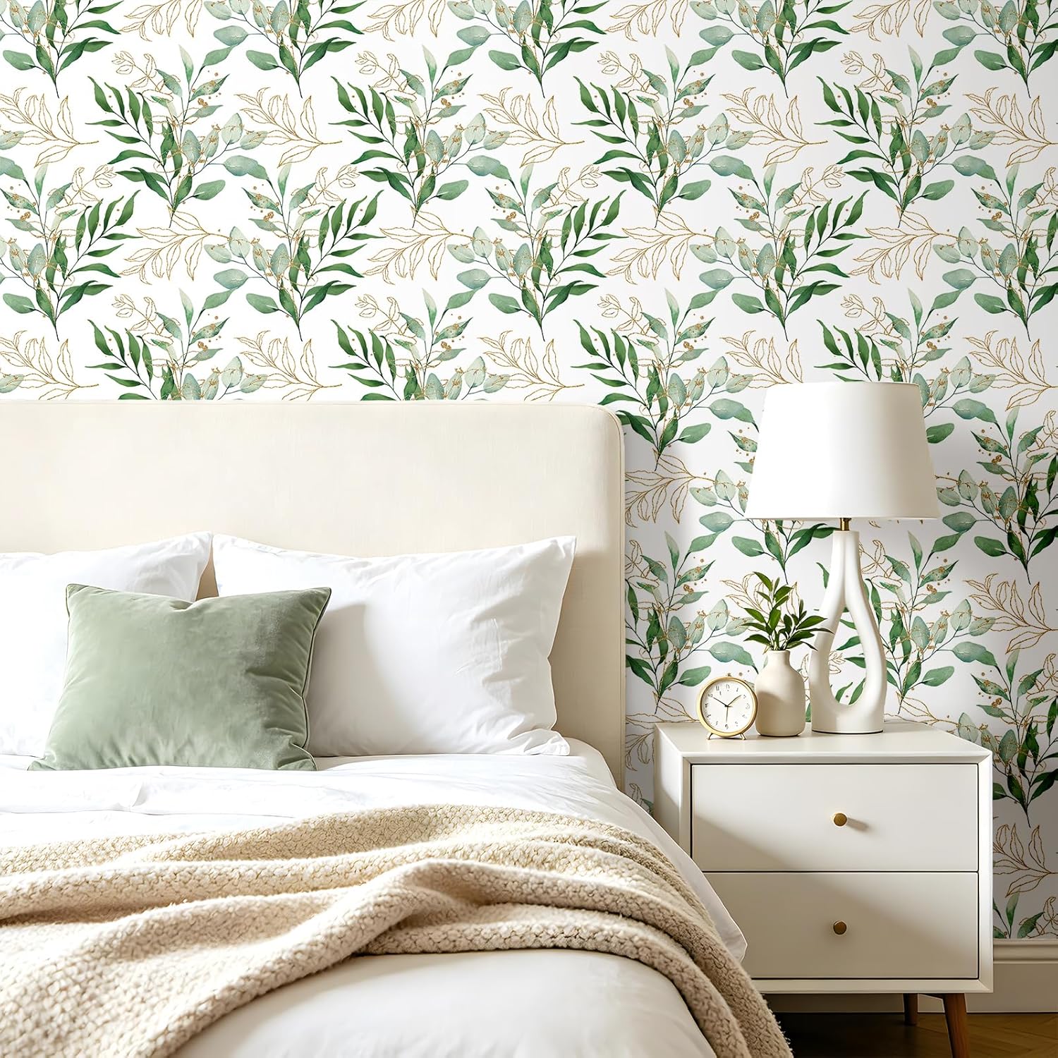 ReWallpaper Eucalyptus Wallpaper Peel and Stick Green and Gold Botanical Wallpaper for Bedroom Living Room Home Office Accent Wall Self Adhesive Removable Watercolor Soft Modern Decor 17.5in x 23ft