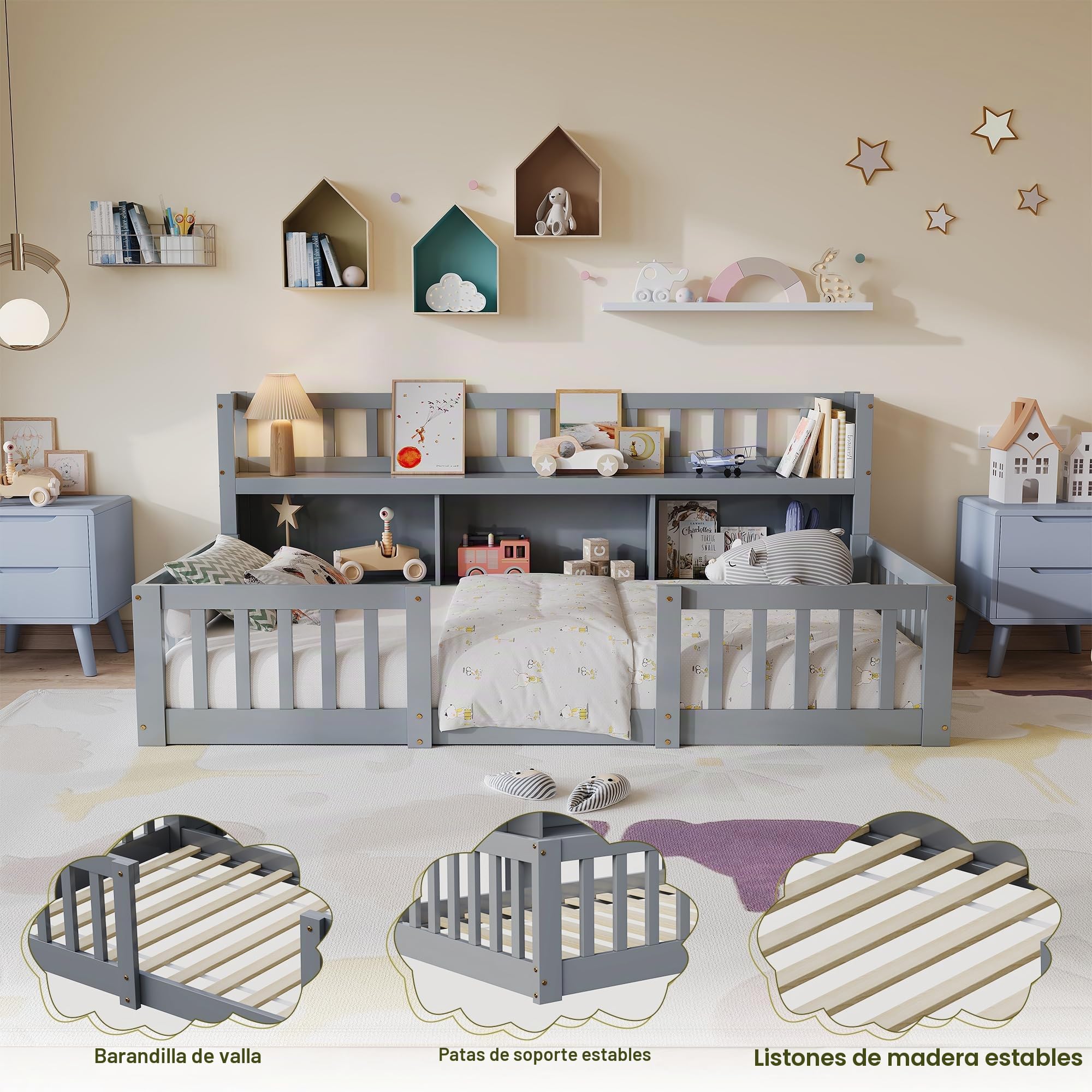 Cama de bebé 90 x 200 con protección, cama infantil Montessori, cama infantil de 90 x 200 página con 2 estanterías, estructura de cama moderna, barrera de madera, cama individual, sin colchón