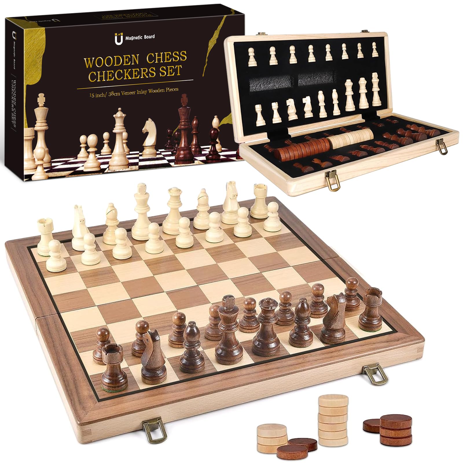Jeu d'échecs magnétique Pliable en Bois 39 cm Échiquier 2 en 1 Portable