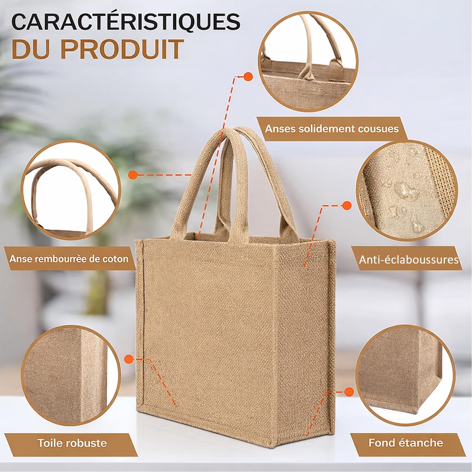 Lot de 12 Grands Sacs Cabas en Toile de Jute à Personnaliser, 40x32x15 cm