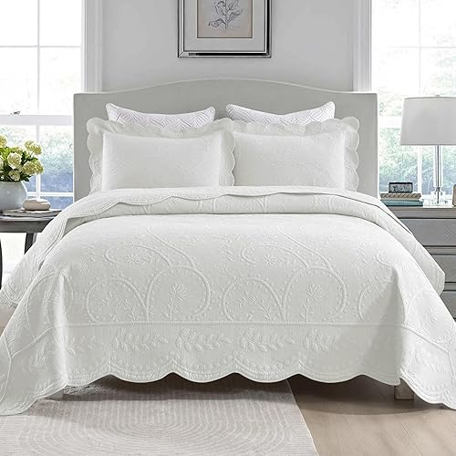 Miniatura 35 de MarCielo Juego de ropa de cama de 3 piezas, 100 % algodón, juego de colcha de gran tamaño, ligero y bordado, estilo rústico (TX blanco brillante, Tf