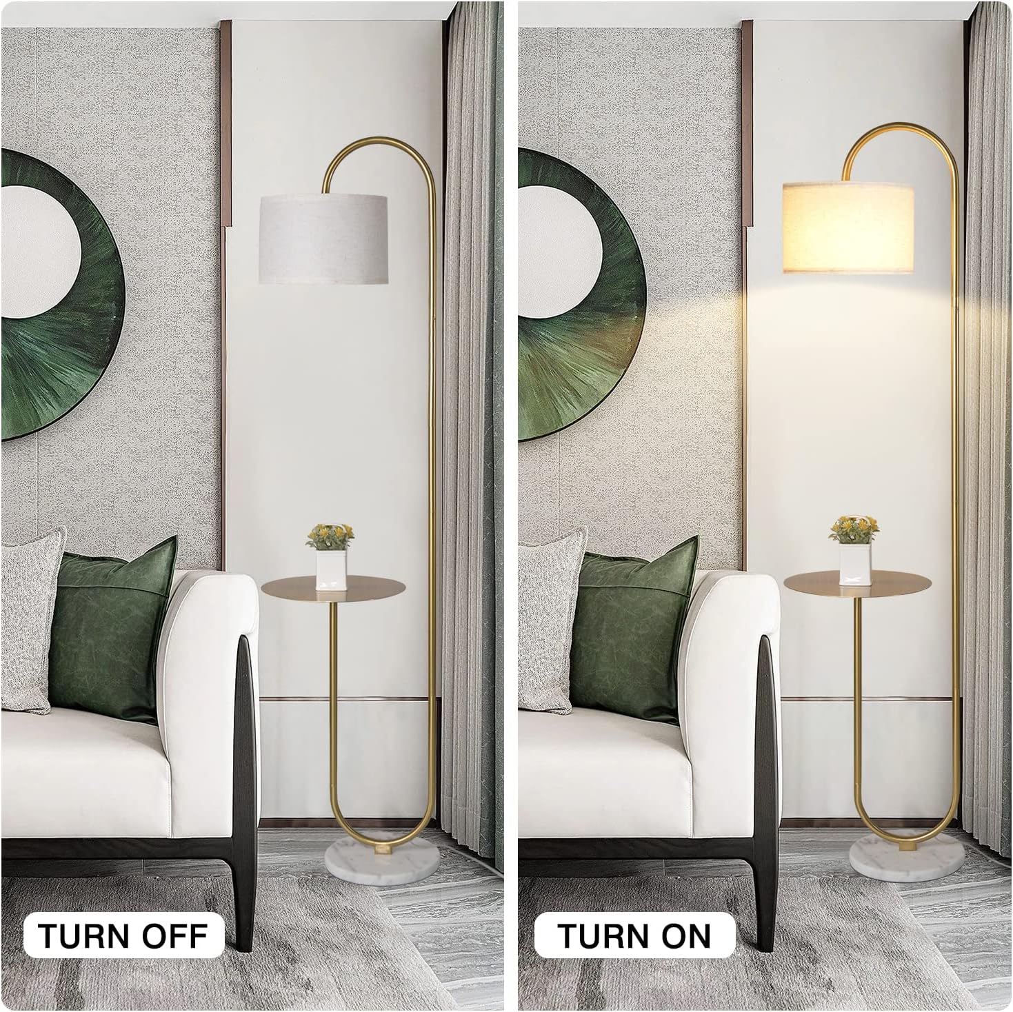 Hsyile KU300271 Arc Floor Lamp with Hanging Drum Shade for Living Room-Marble Base Modern Tall Stand Up Light with Table, Contemporary Over The Couch Gold Lamp Standing Lamps for Bedroom Office