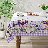 Easter Tablecloth 60x84 Inch Rectangle - Purple Plaid Cross Lamb Floral Design for Home Party Dining Decor