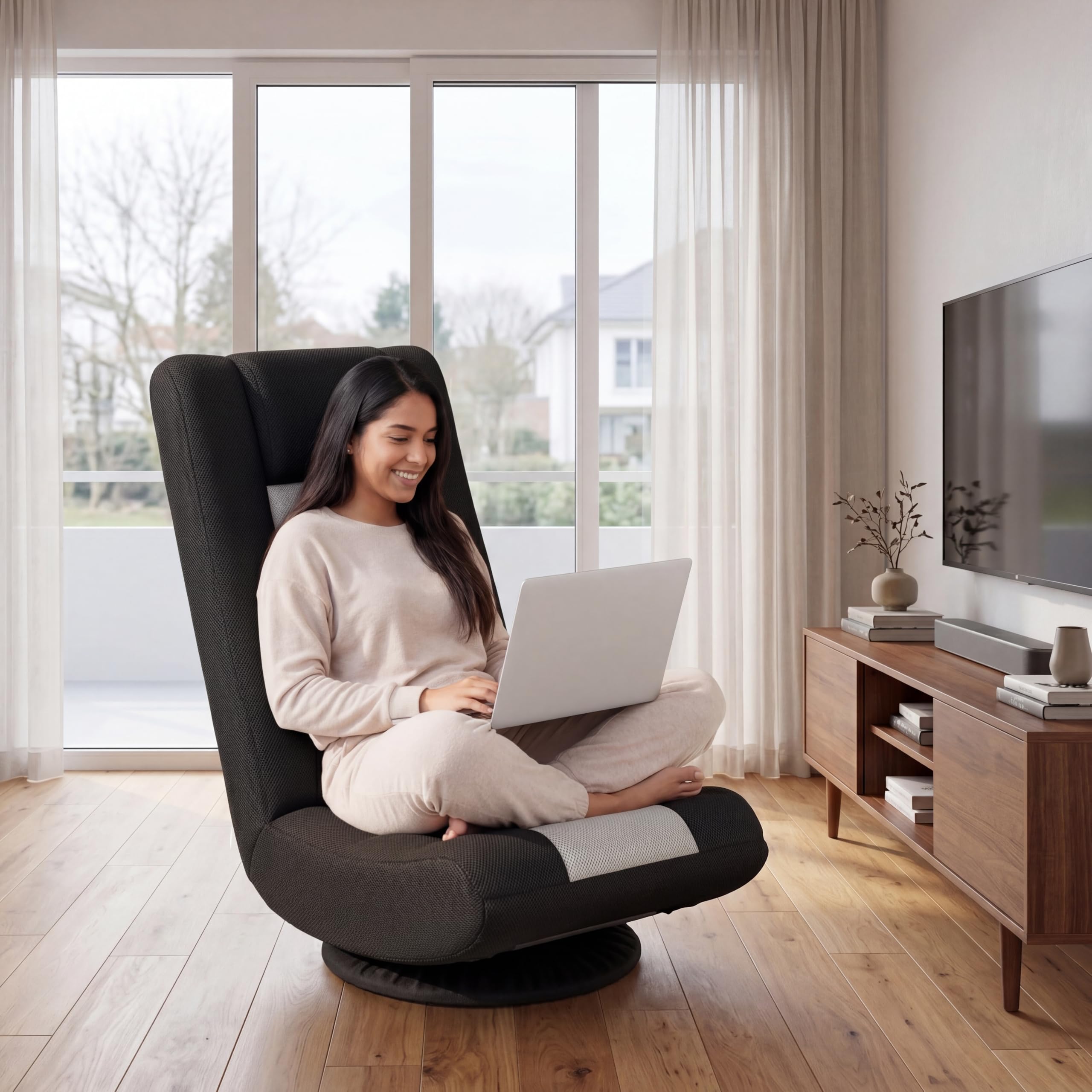 RELAX4LIFE Bodensessel Klappbar, Bodenstuhl mit 4-Fach Verstellbarer Rückenlehne, 360° drehbarem Sockel & Nackenpolster, Meditationsstuhl gepolstert, Gamingsessel Relaxsessel für Wohnzimmer (Grau)