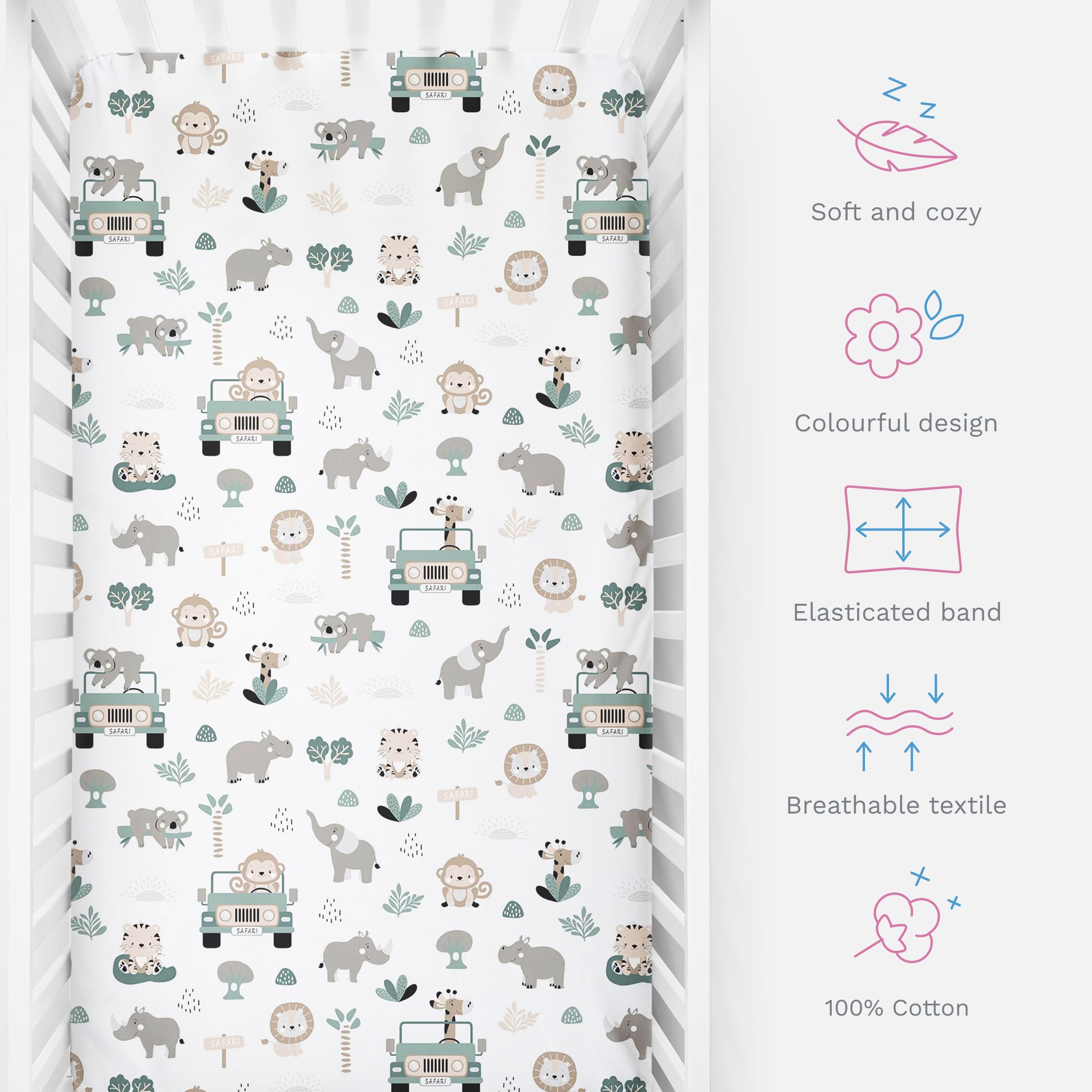 Baby Comfort Nursery 100% Cotton Fitted Sheet to fit 83x50 cm Co-Sleeper Crib (Safari Cars) - Image 2