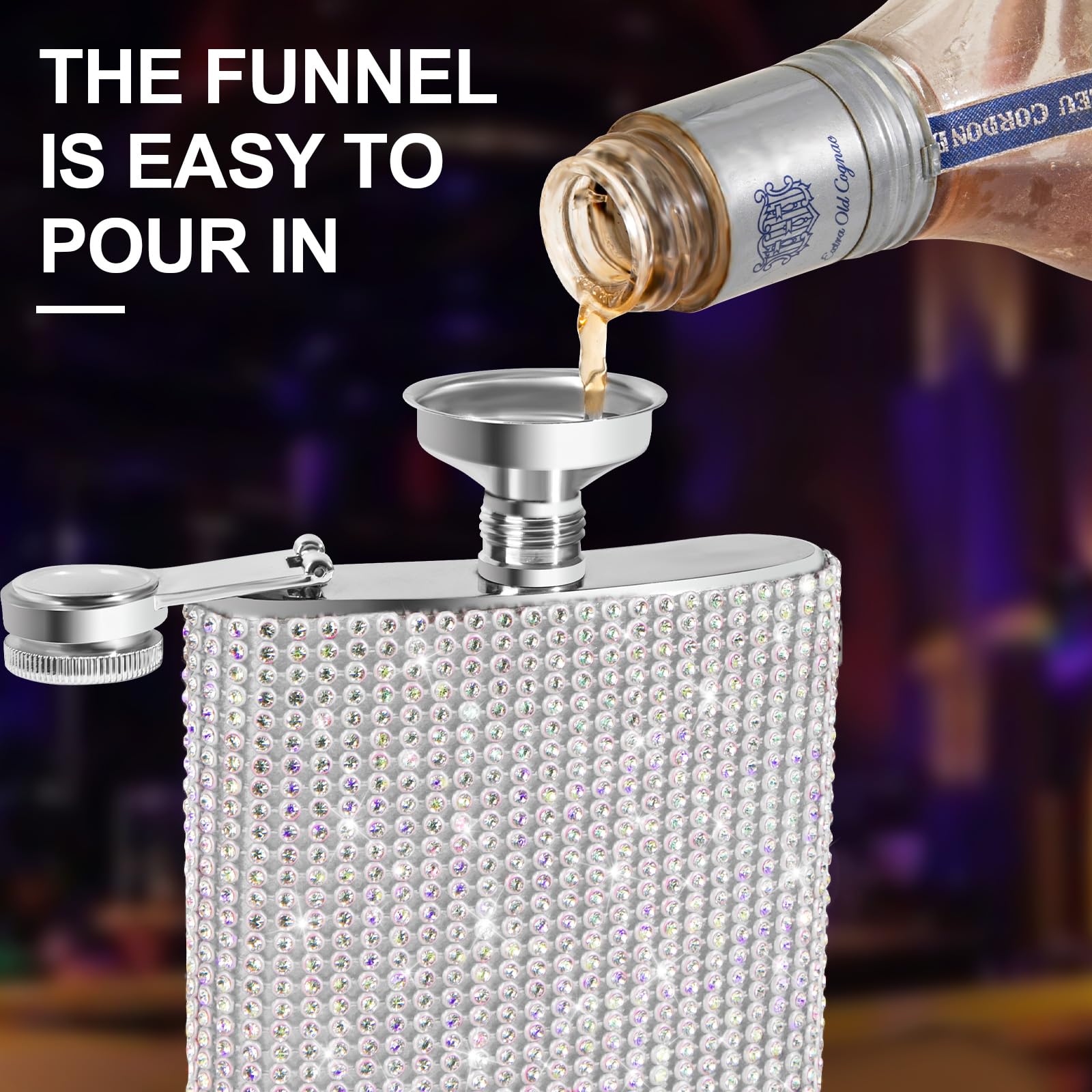 INSTOME Diamond Hip Flask - 8oz, Gold, Stainless Steel, Leakproof With Funnel - View #3