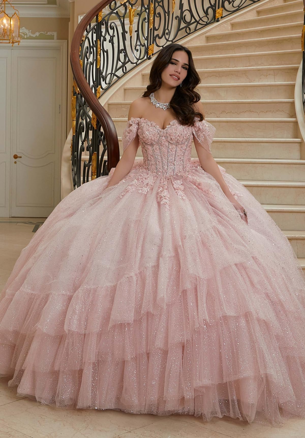 Vestidos de quinceañera con Volantes Hombros Descubiertos Tul Lazo Dulce 16 Cola MT025
