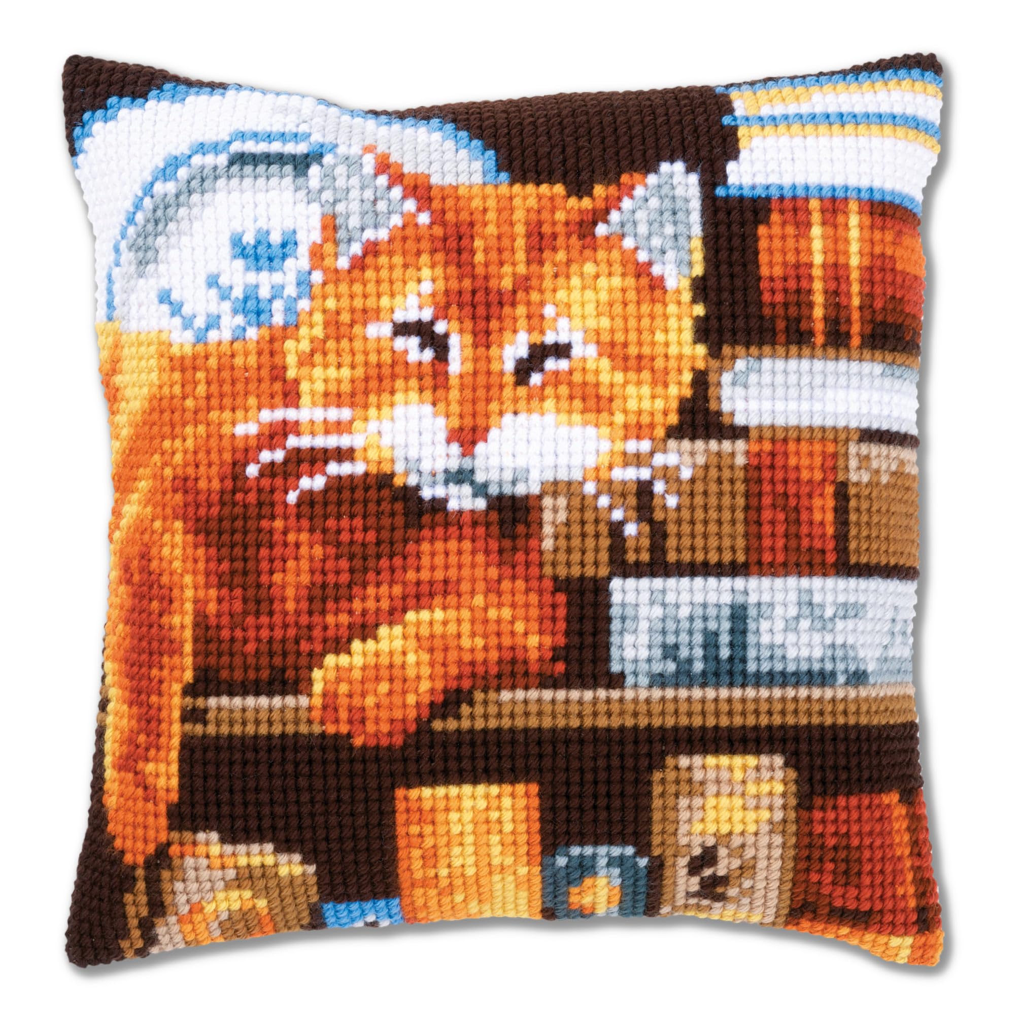VERVACO Kreuzstich Stickpackungen Kissen Stickerei Set Katze zwischen Büchern – Komplettes Set, 40 x 40 cm