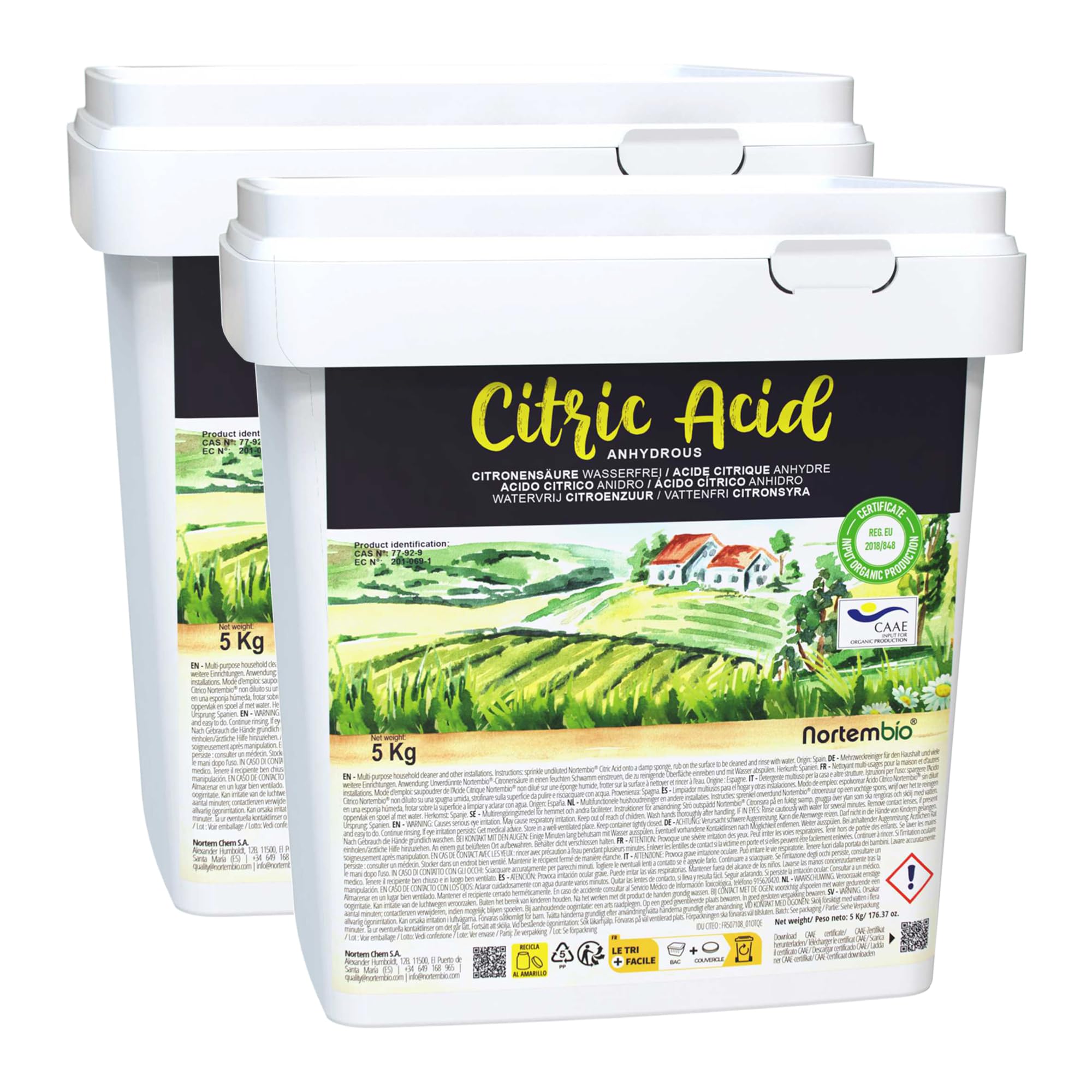 Nortembio Zitronensäure 2 x 5 kg – 100% Reines Anhydrisches Konzentrat Zertifiziert – Vielseitige Haushaltsreinigung – Ohne Gentechnik – Mit E-BookInklusive