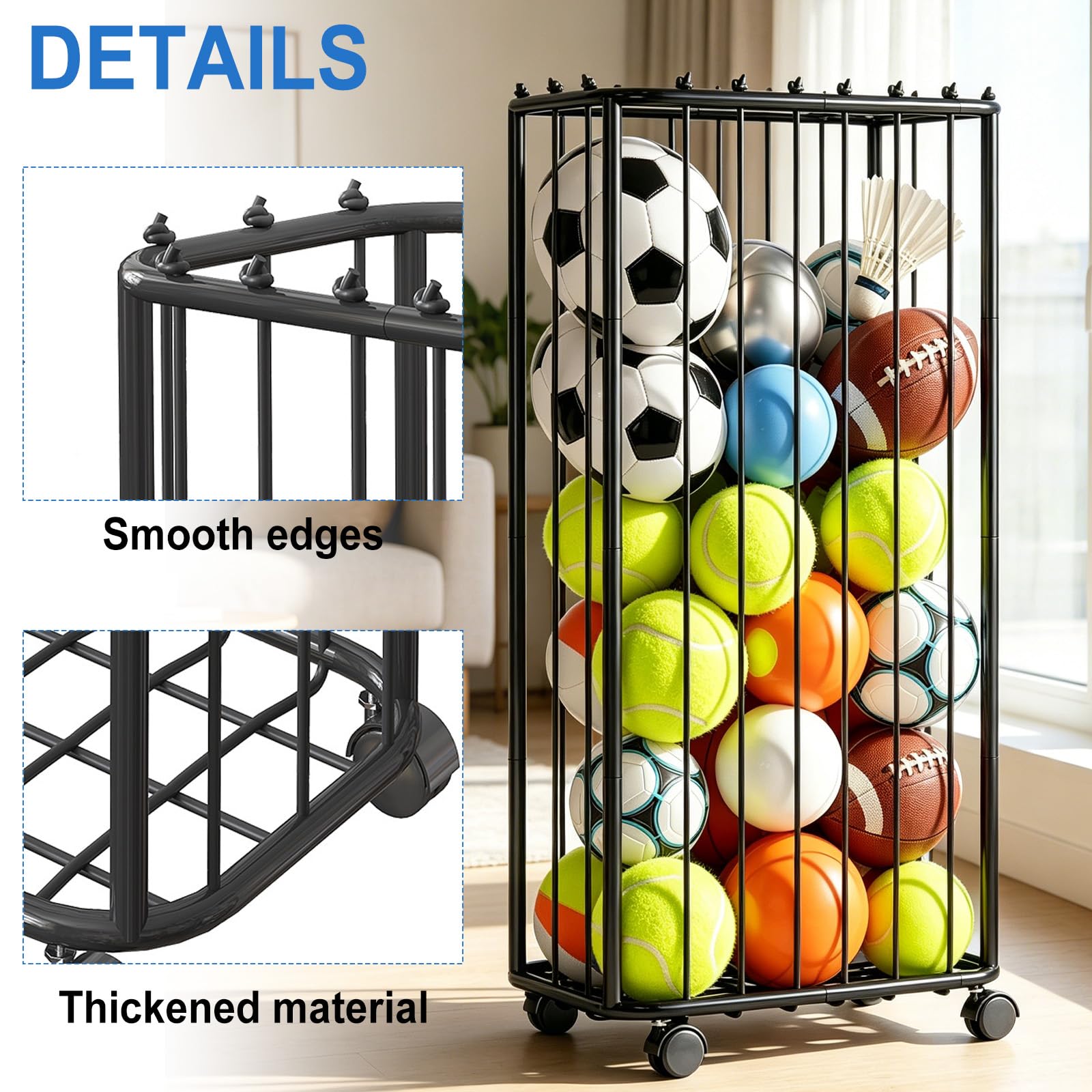Garage Lagerung von Sportgeräten, 56 x 34 x 116cm Ballaufbewahrungsregale Outdoor mit Rädern und elastische Bänder, Abnehmbares Ball Aufbewahrung für Basketball, Fußball, Football, Volleyball