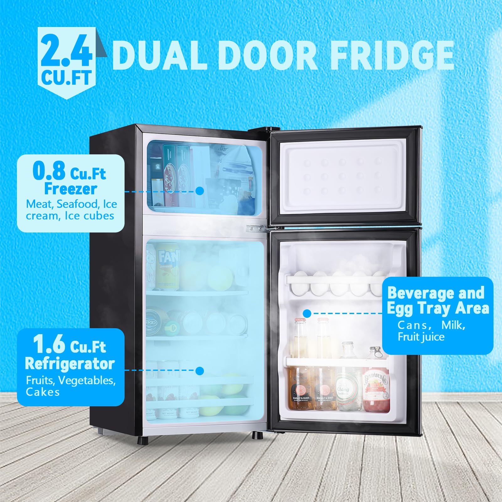 Tacool Mini Fridge With Freezer 2.4 Cu.Ft Mini Refrigerator Double Doors Dorm Fridge Compact 7 Modes Temp Suit For Apartment Bedroom Office Silver on Fridge.com - View 2