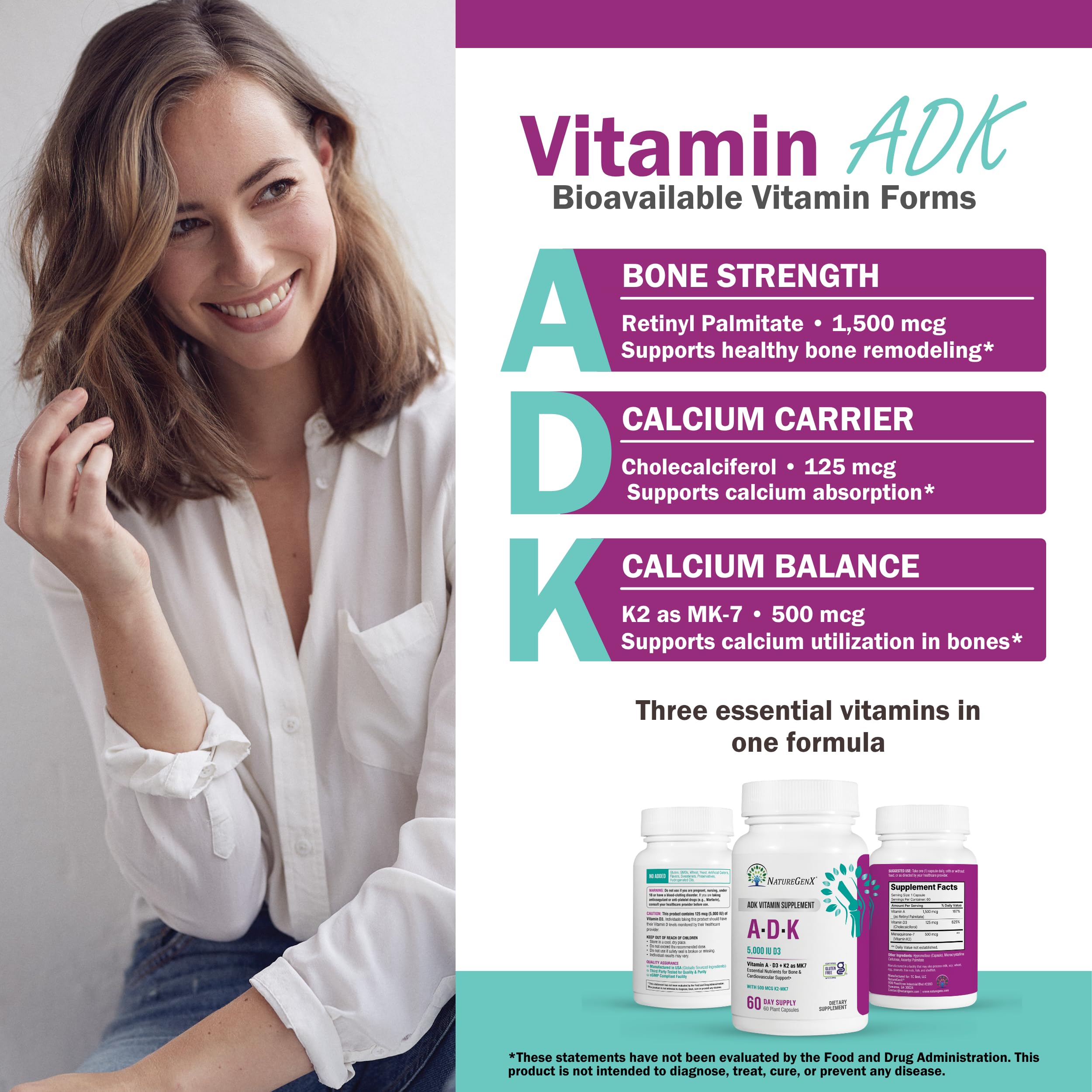 NatureGenX ADK Vitamin Supplement – Vitamins A, D3 & K2 MK-7 for Bone Health & Calcium Absorption – Gluten-Free, Non-GMO, Soy-Free – 60 Capsules (2-Month Supply) — Amazon image 2